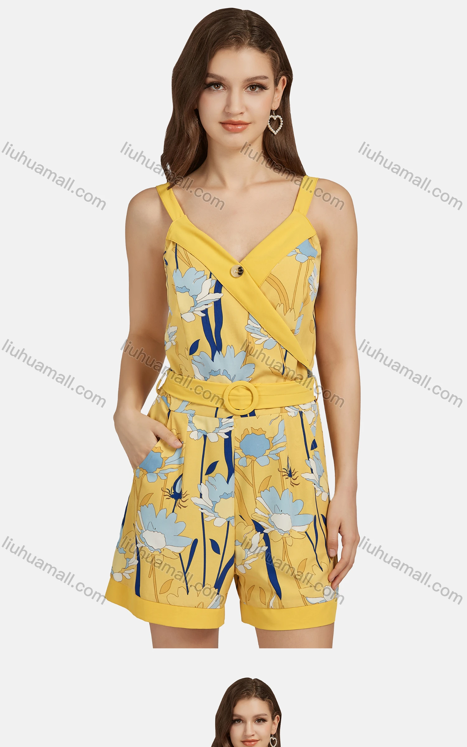 Wholesale Women's Casual Sleeveless Floral Print Slant Pockets Belted Romper 28015# - Liuhuamall