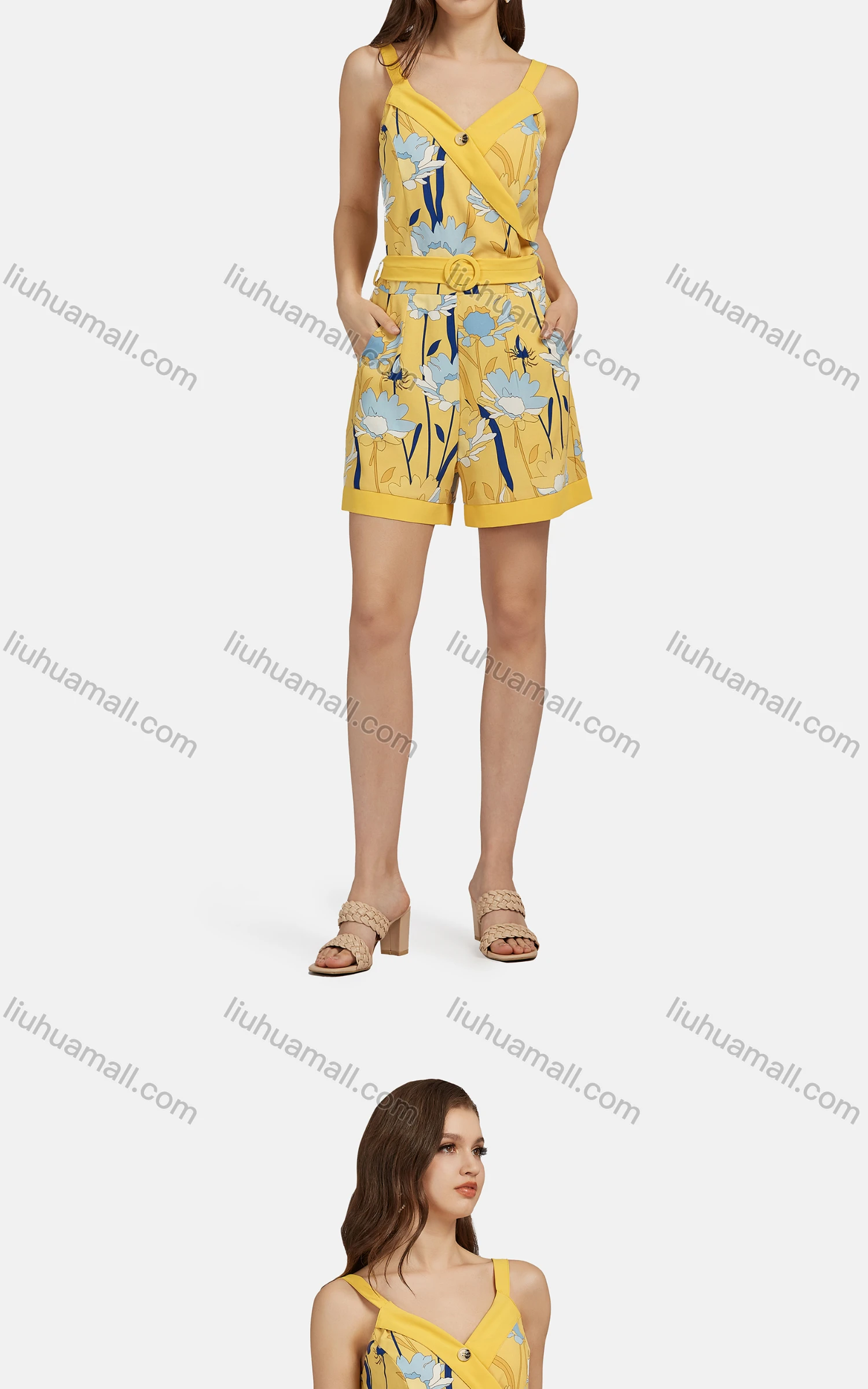 Wholesale Women's Casual Sleeveless Floral Print Slant Pockets Belted Romper 28015# - Liuhuamall