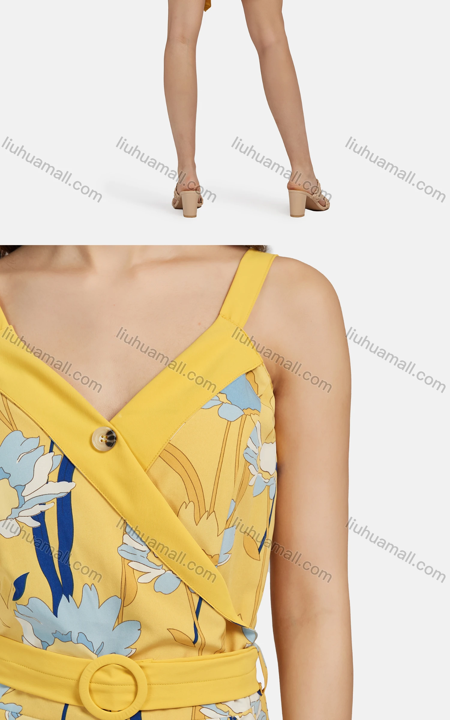 Wholesale Women's Casual Sleeveless Floral Print Slant Pockets Belted Romper 28015# - Liuhuamall
