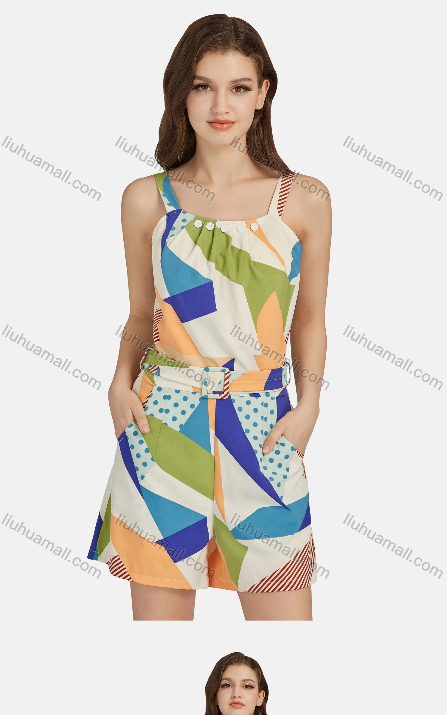 Wholesale Women's Casual Sleeveless Button Decor Allover Print Belted Romper 28018# - Liuhuamall