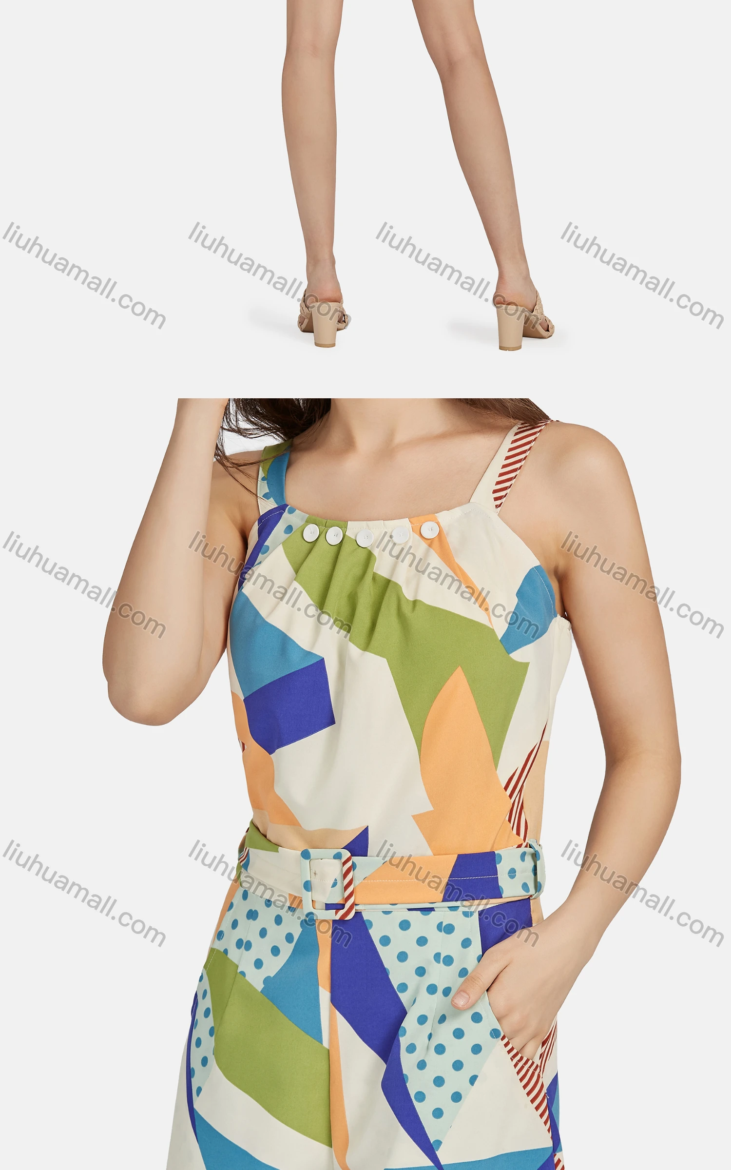 Wholesale Women's Casual Sleeveless Button Decor Allover Print Belted Romper 28018# - Liuhuamall