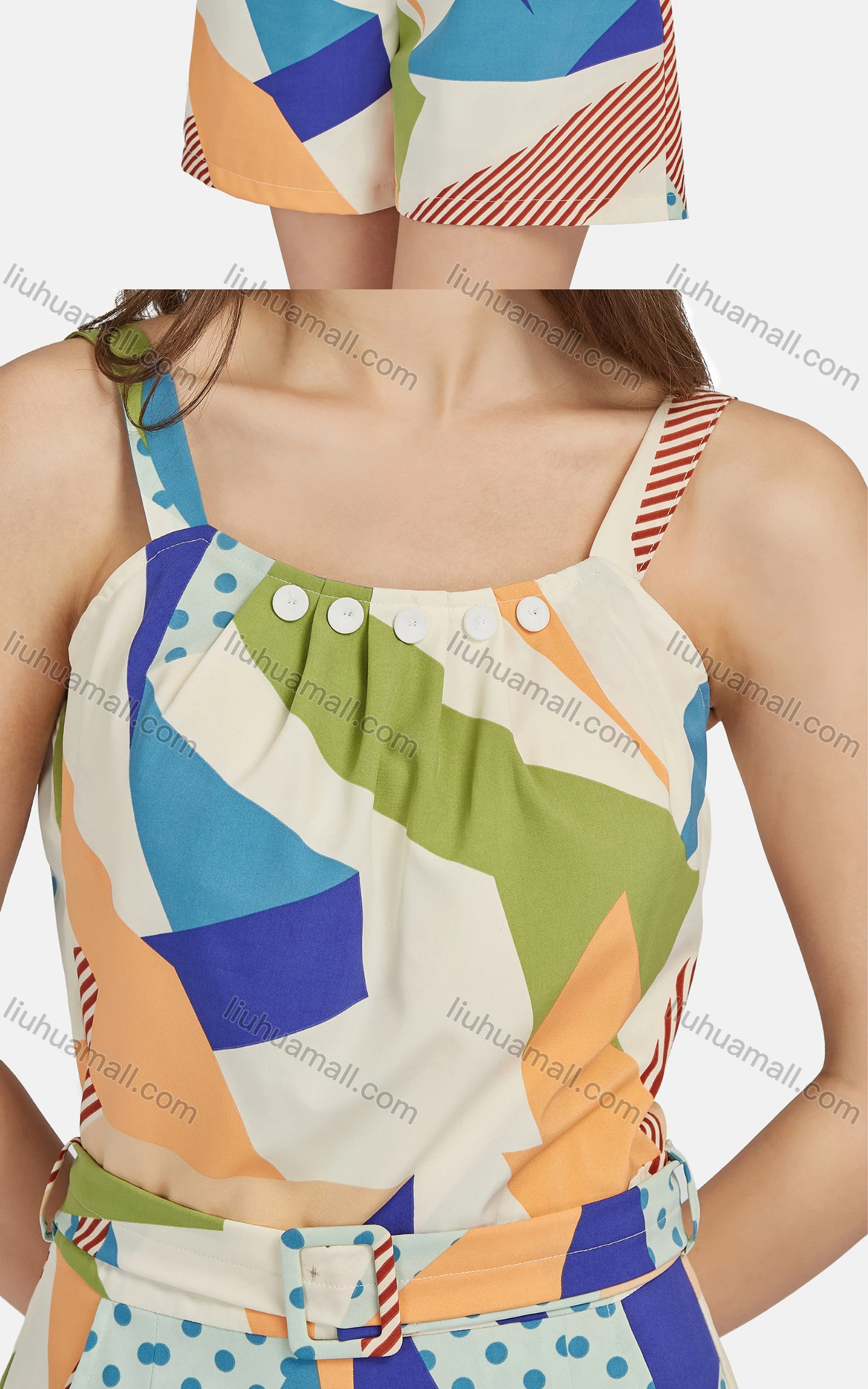 Wholesale Women's Casual Sleeveless Button Decor Allover Print Belted Romper 28018# - Liuhuamall