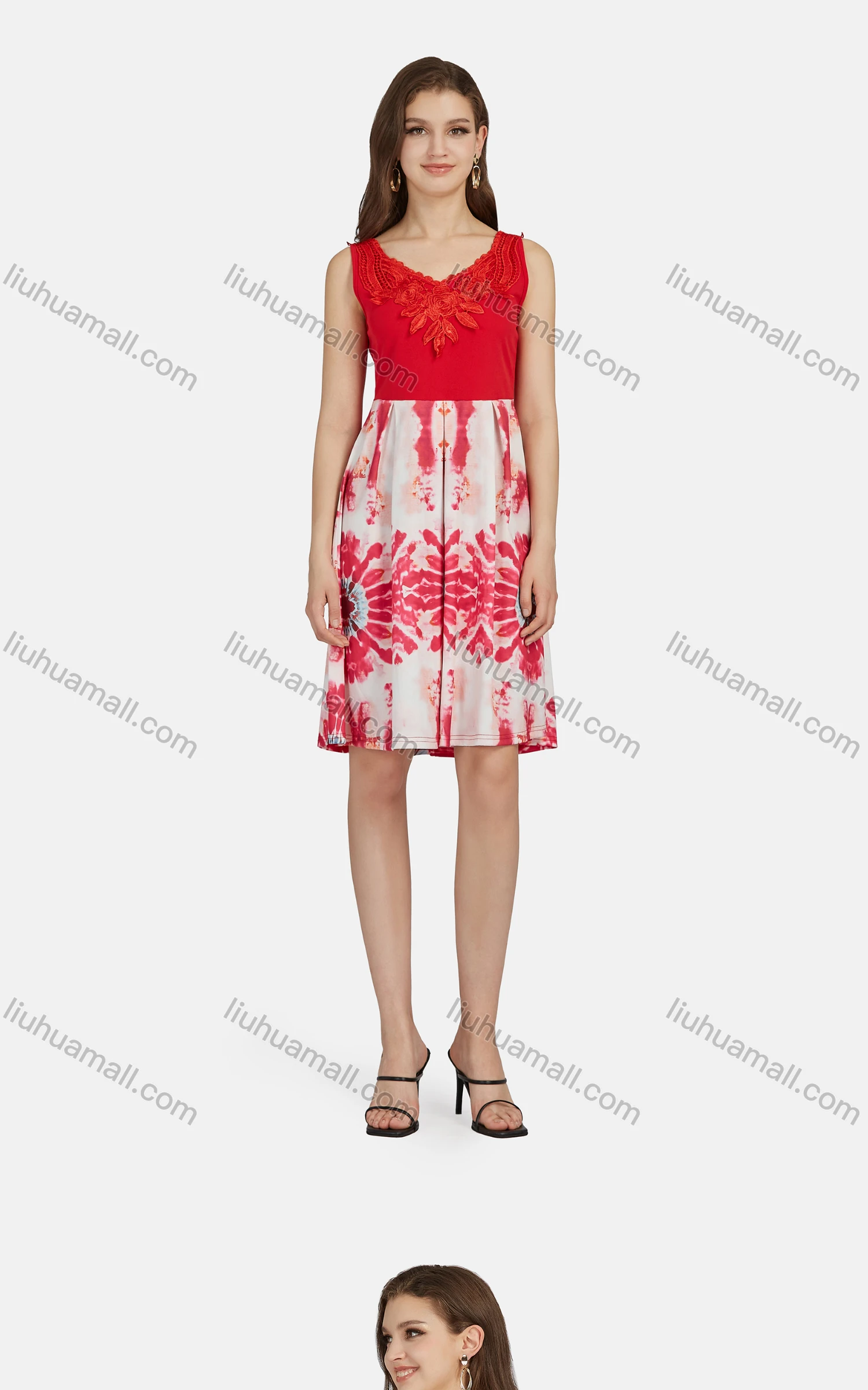 Wholesale Women's Casual Sleeveless Tie Dye Splicing Appliques Tank Dress 28008# - Liuhuamall