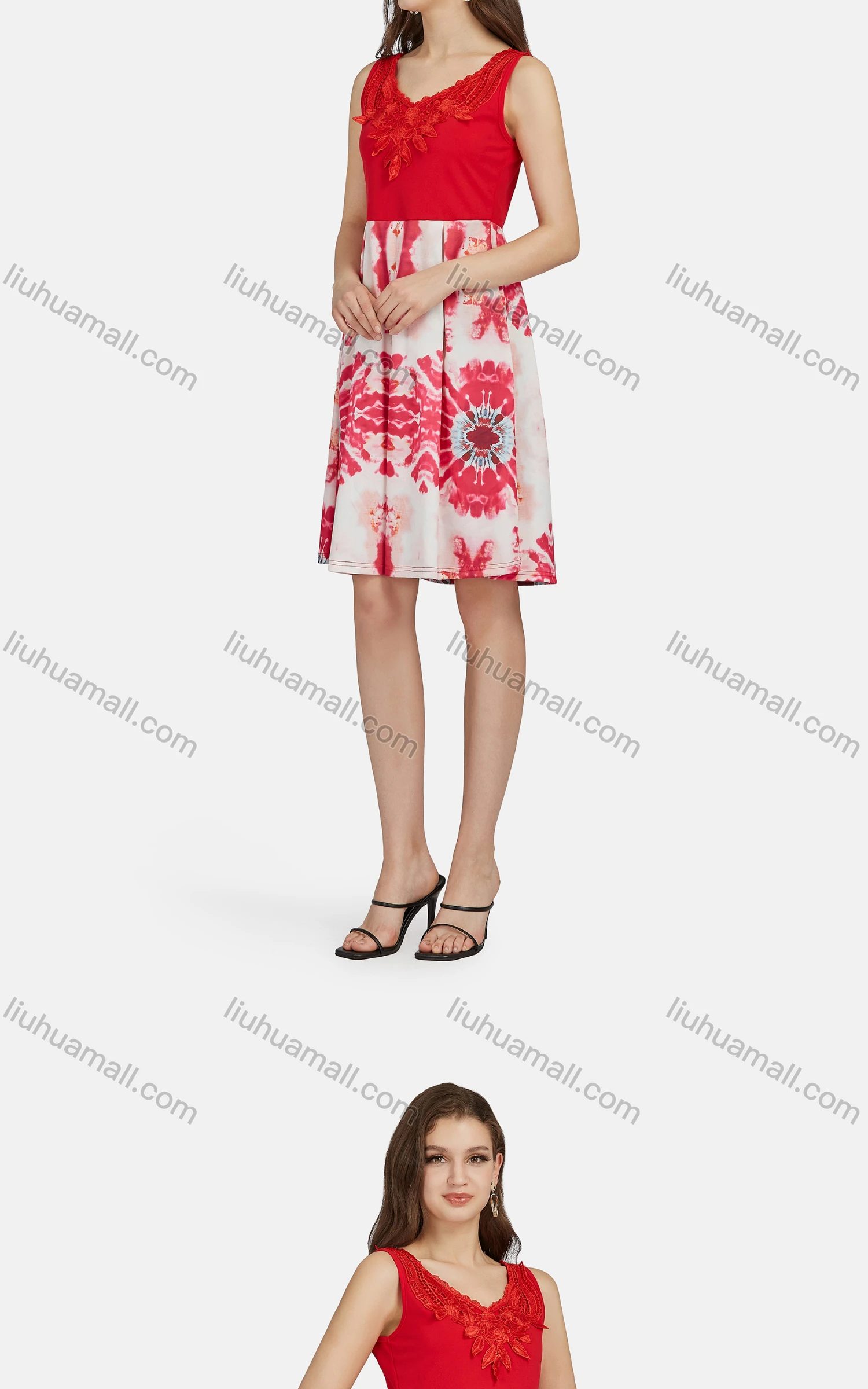 Wholesale Women's Casual Sleeveless Tie Dye Splicing Appliques Tank Dress 28008# - Liuhuamall