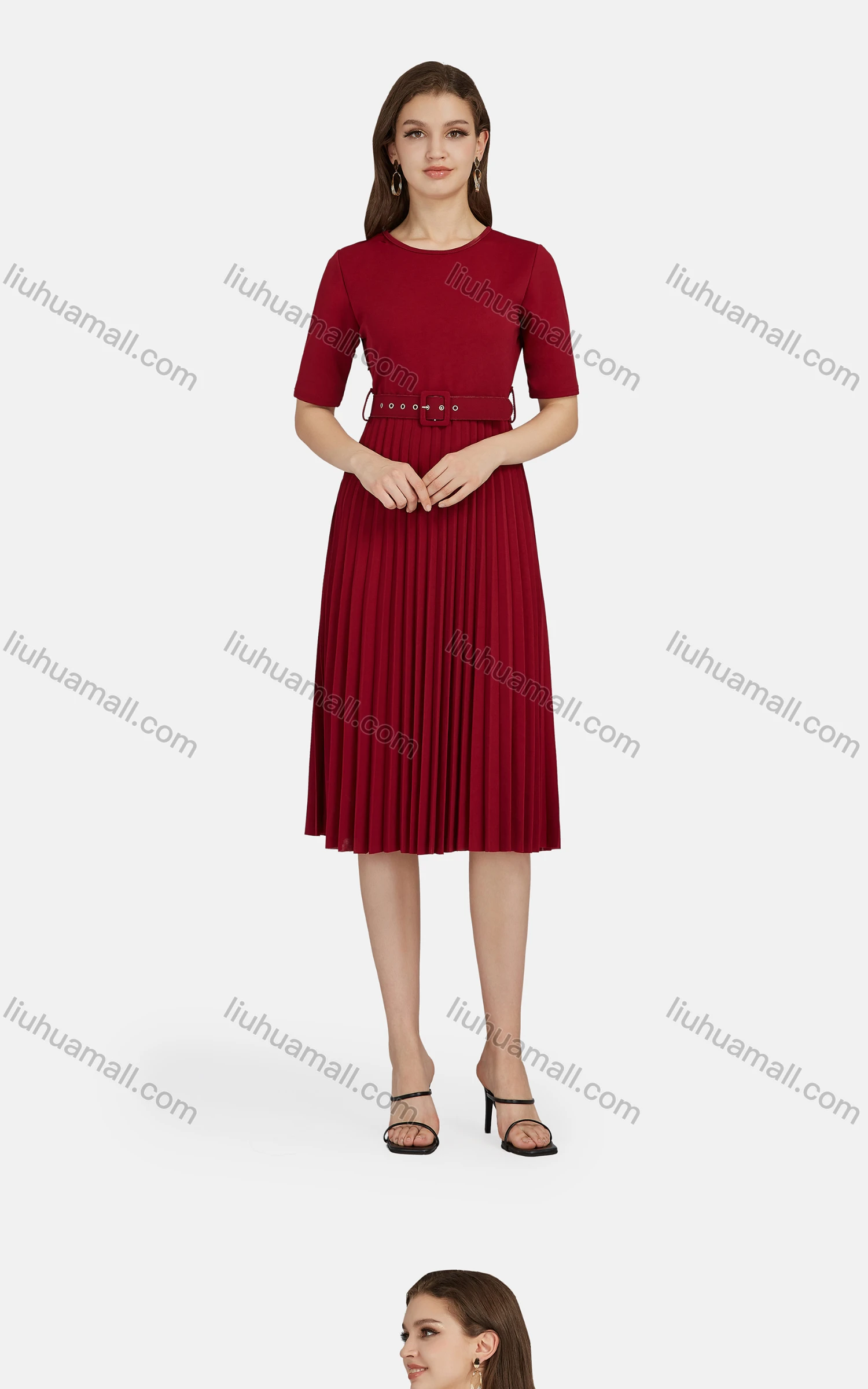 Wholesale Women's Casual Crew Neck Short Sleeve Plain Belted Pleated Tee Dress 28049# - Liuhuamall