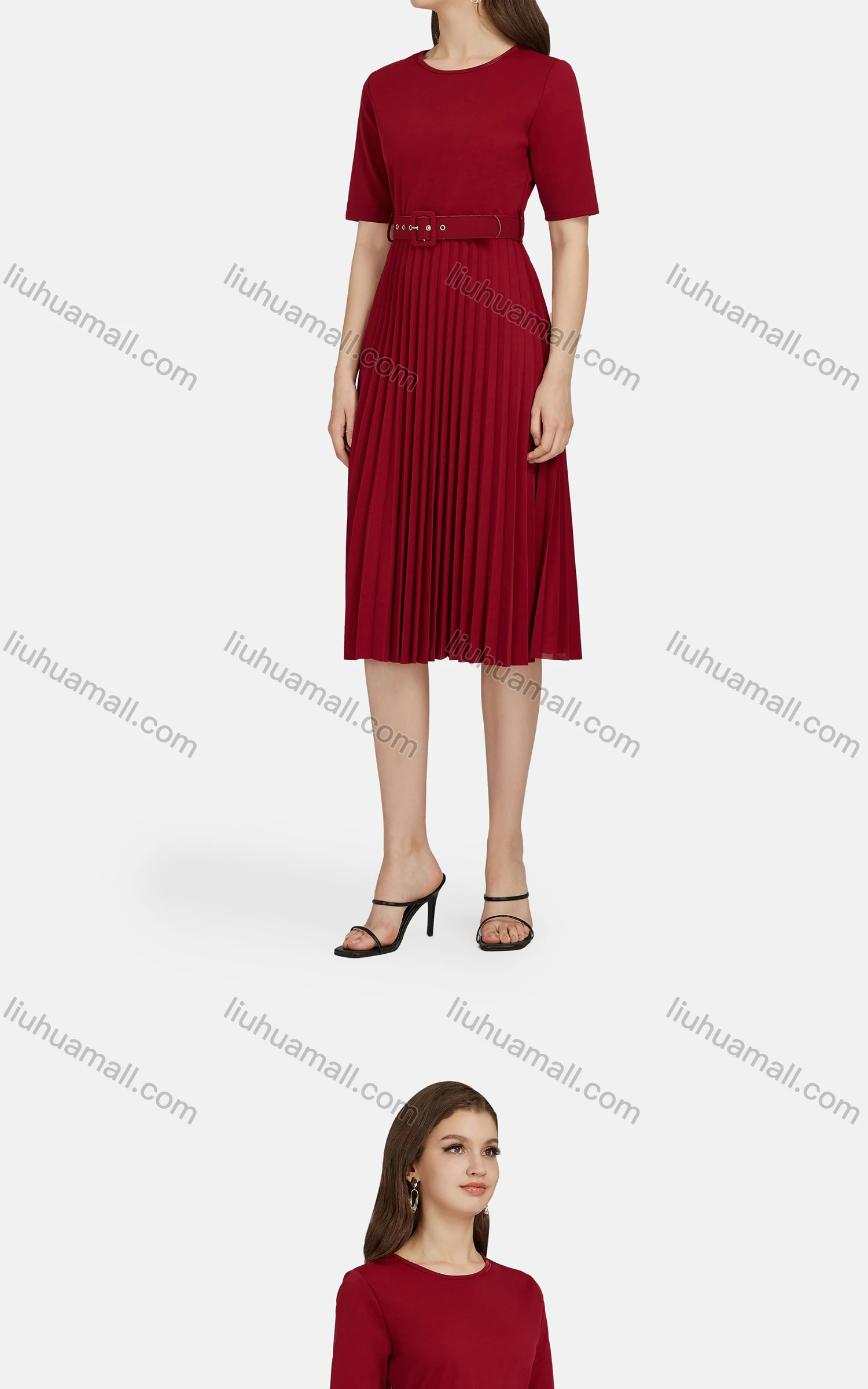 Wholesale Women's Casual Crew Neck Short Sleeve Plain Belted Pleated Tee Dress 28049# - Liuhuamall