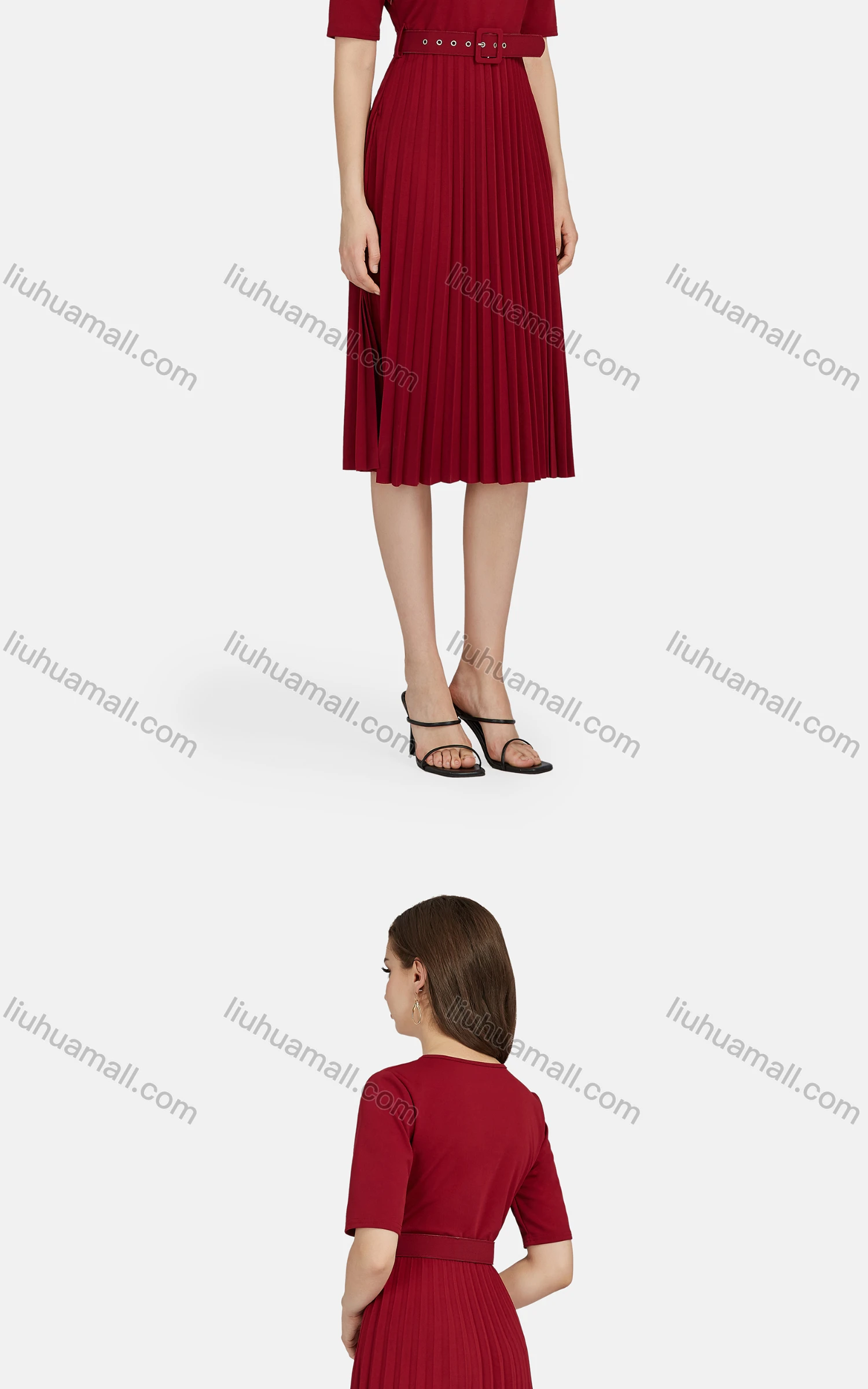 Wholesale Women's Casual Crew Neck Short Sleeve Plain Belted Pleated Tee Dress 28049# - Liuhuamall