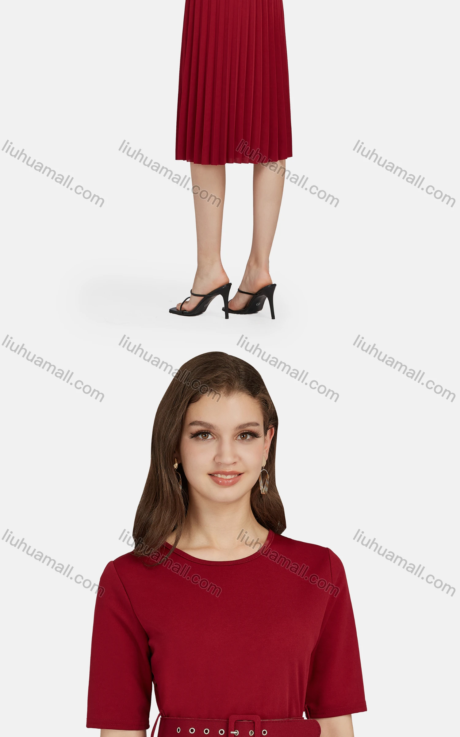 Wholesale Women's Casual Crew Neck Short Sleeve Plain Belted Pleated Tee Dress 28049# - Liuhuamall