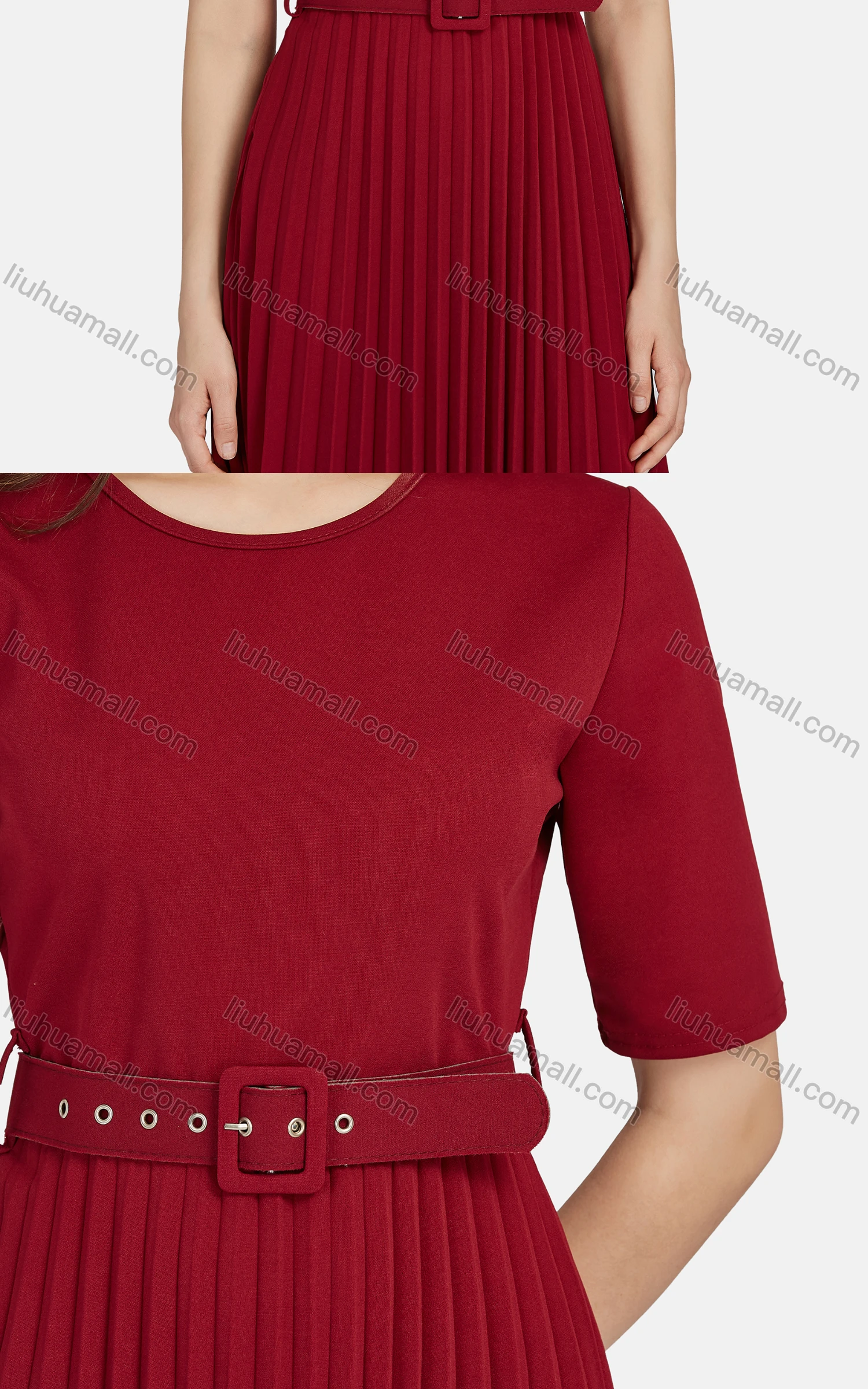 Wholesale Women's Casual Crew Neck Short Sleeve Plain Belted Pleated Tee Dress 28049# - Liuhuamall