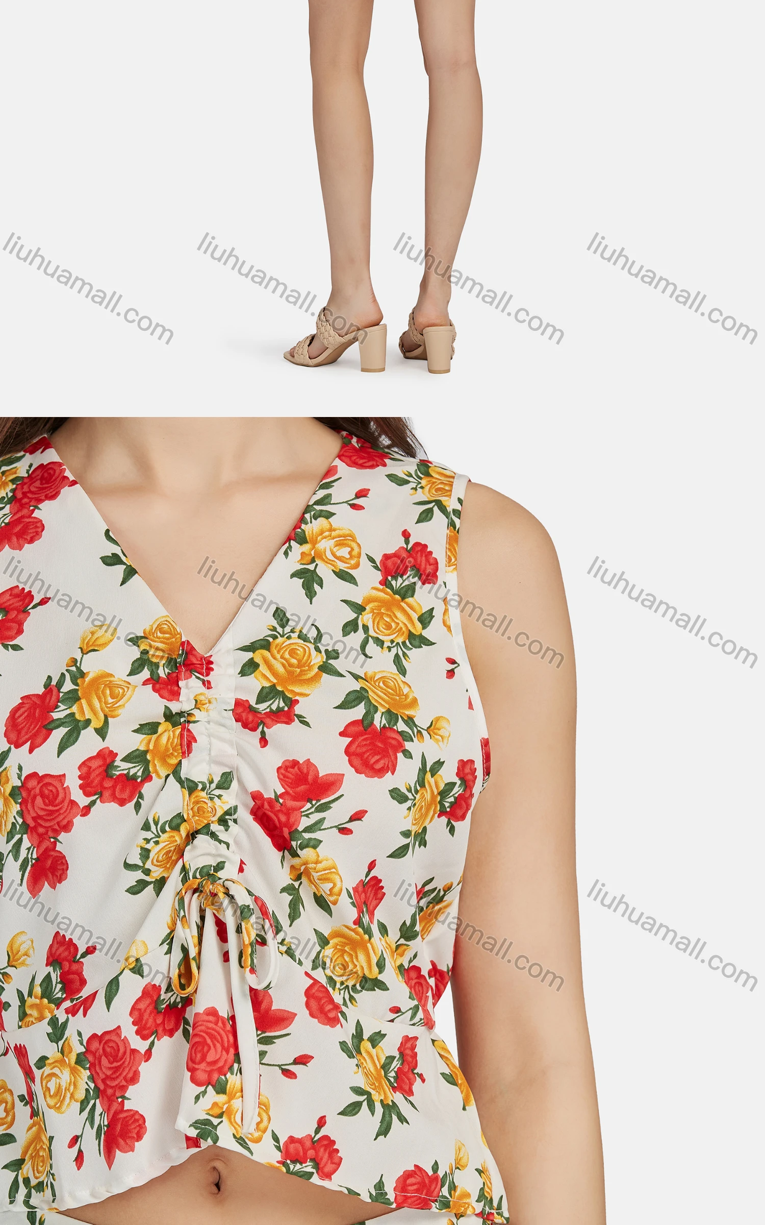 Wholesale Women's Casual V Neck Sleeveless Floral Drawstring Crop Top 2-piece Set 28524# - Liuhuamall