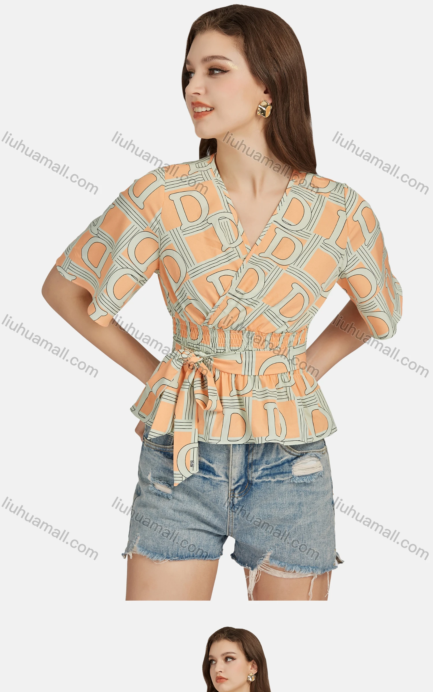 Wholesale Women's Casual V Neck Short Sleeve Letter Peplum Shirred Lace Up Top 28018# - Liuhuamall