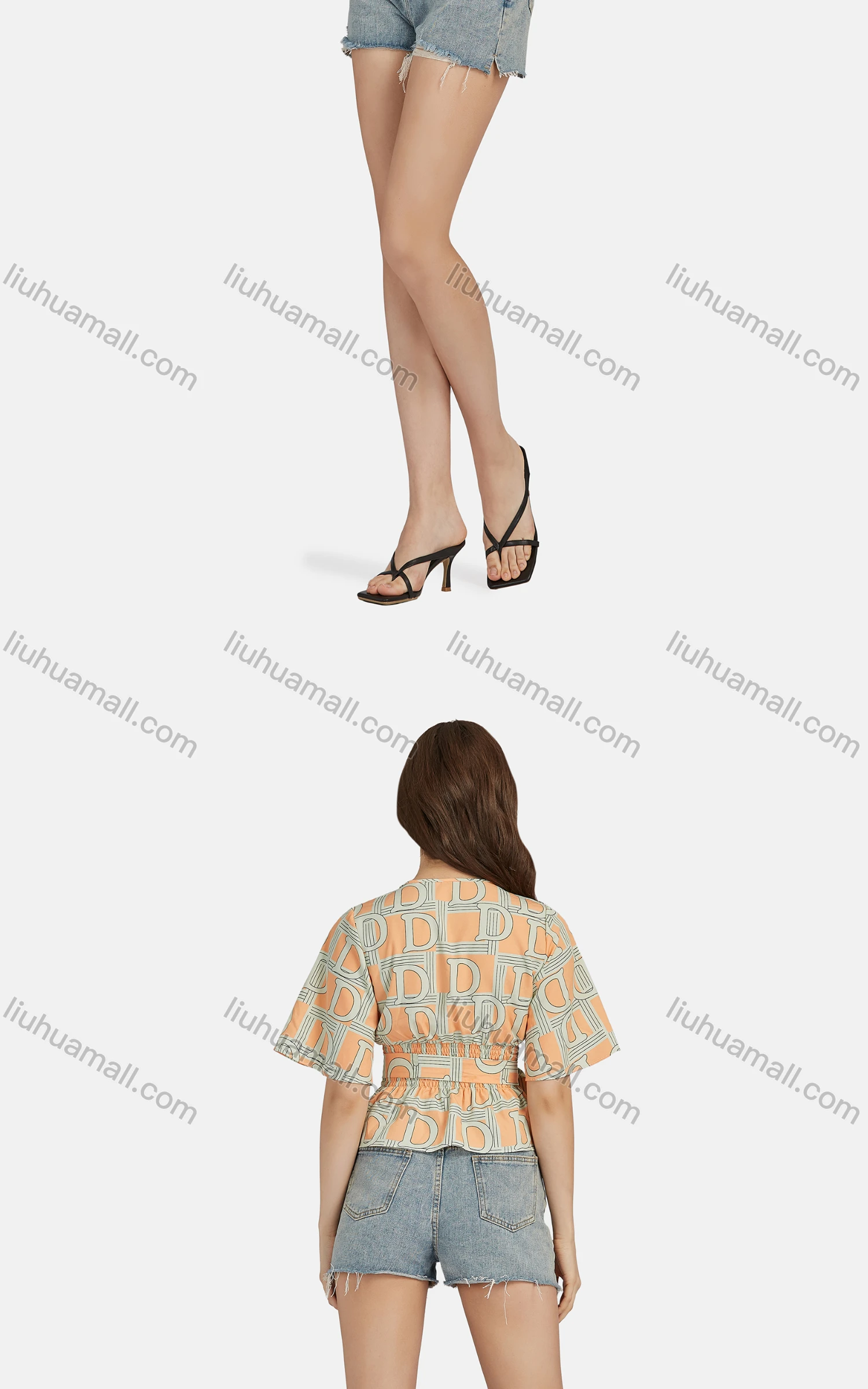 Wholesale Women's Casual V Neck Short Sleeve Letter Peplum Shirred Lace Up Top 28018# - Liuhuamall