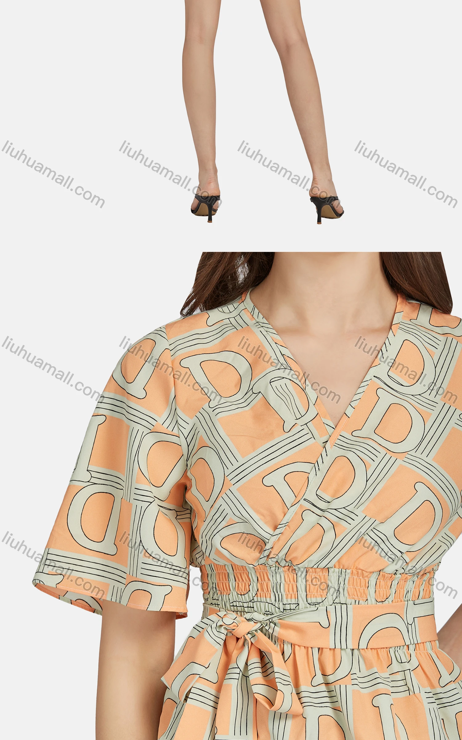 Wholesale Women's Casual V Neck Short Sleeve Letter Peplum Shirred Lace Up Top 28018# - Liuhuamall