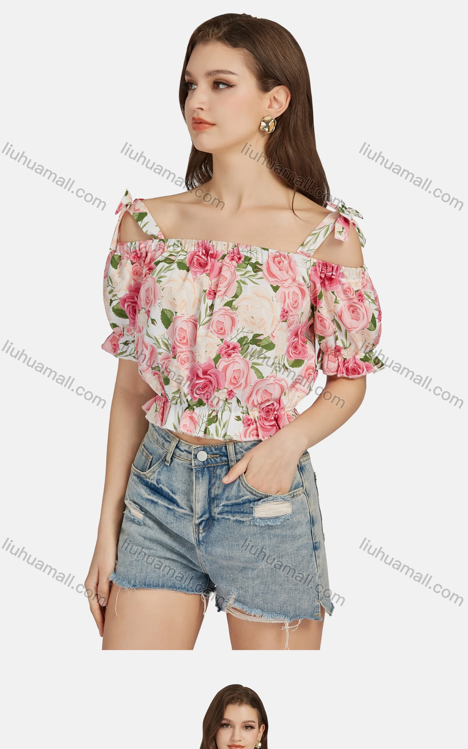 Wholesale Women's Casual Cold Shoulder Puff Sleeve Floral Peplum Top 28494# - Liuhuamall