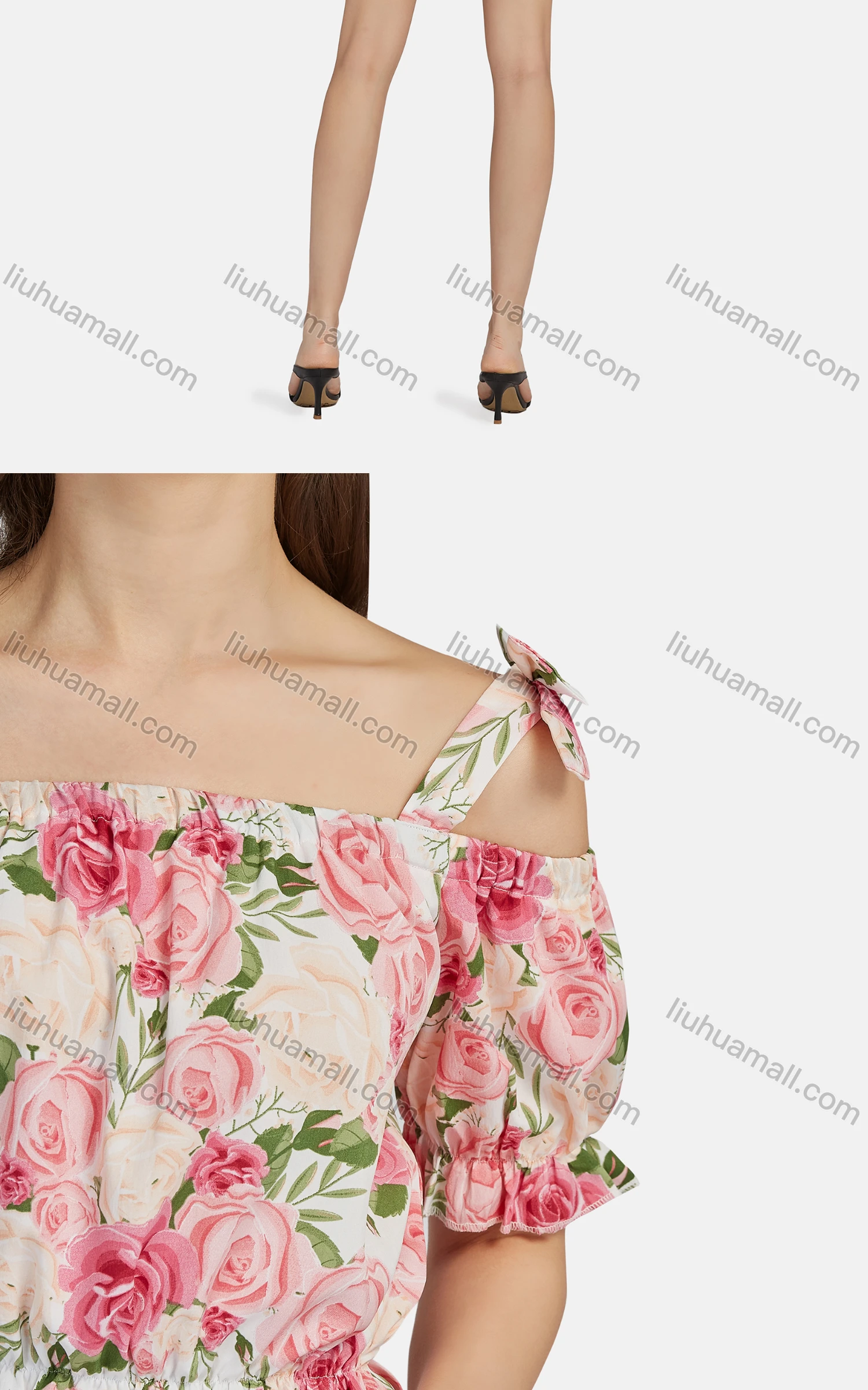 Wholesale Women's Casual Cold Shoulder Puff Sleeve Floral Peplum Top 28494# - Liuhuamall
