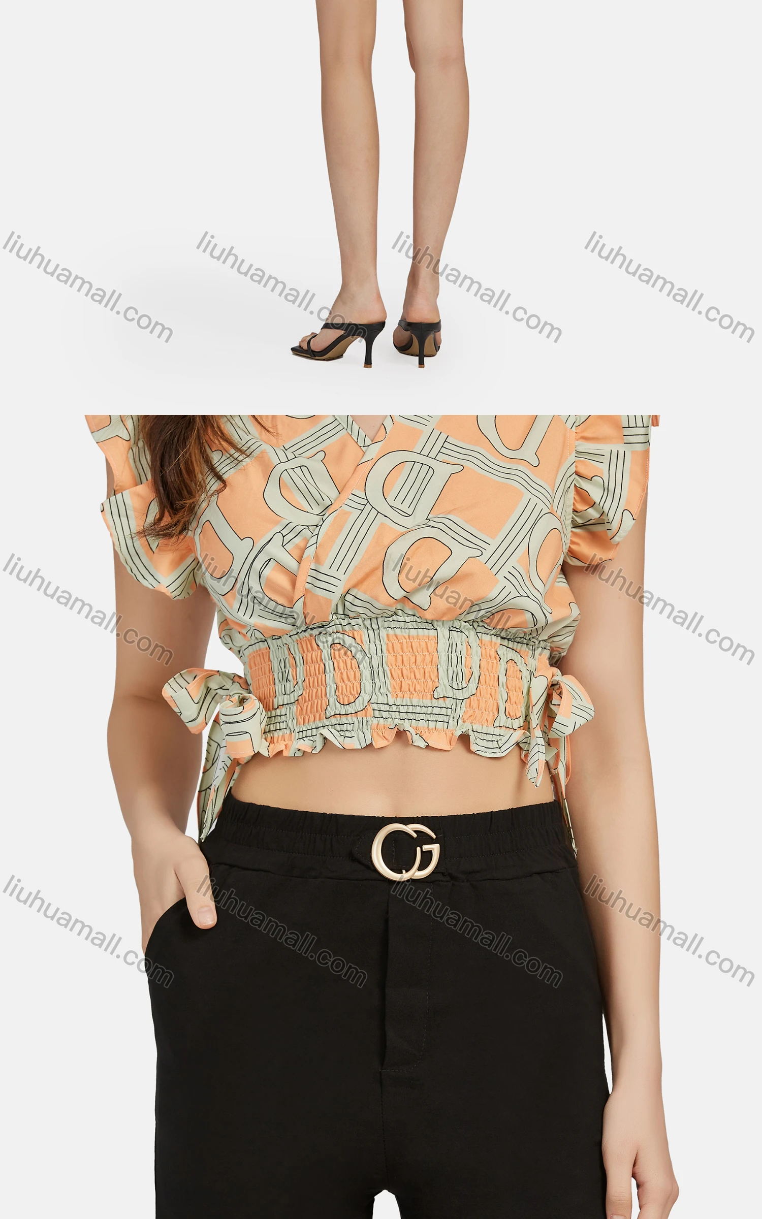 Wholesale Women's Casual V Neck Wrap Peplum Shirred Flutter Sleeve Letter Crop Top 28492# - Liuhuamall