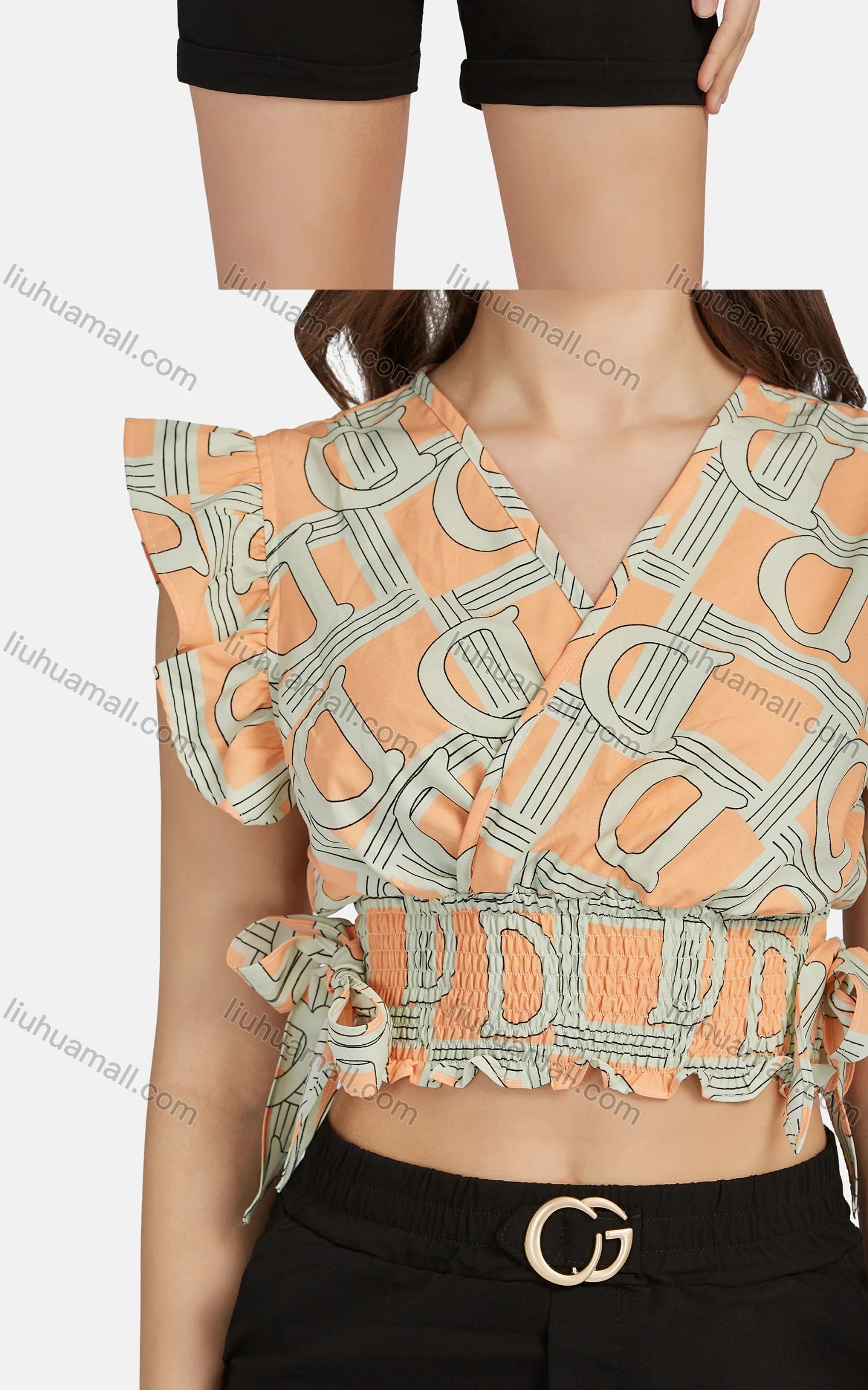 Wholesale Women's Casual V Neck Wrap Peplum Shirred Flutter Sleeve Letter Crop Top 28492# - Liuhuamall