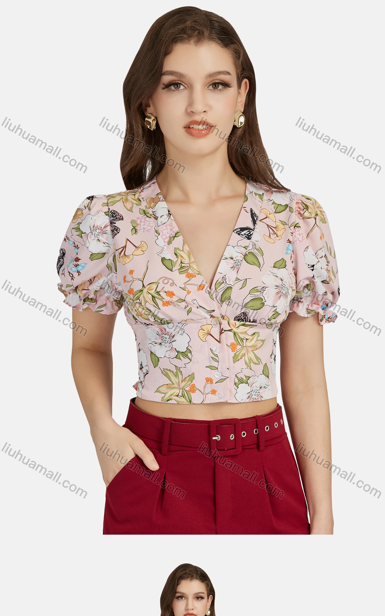 Wholesale Women's Casual V Neck Peplum Poet Sleeve Floral Crop Top 28490# - Liuhuamall
