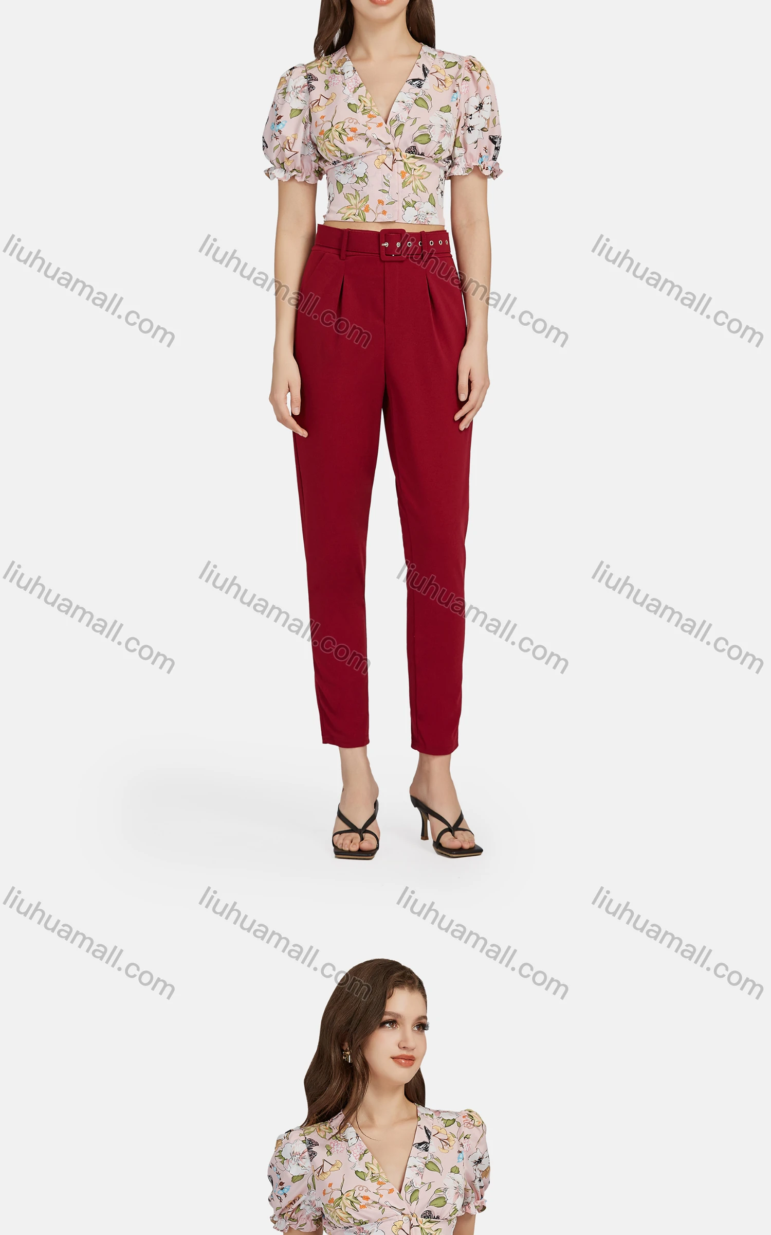 Wholesale Women's Casual V Neck Peplum Poet Sleeve Floral Crop Top 28490# - Liuhuamall