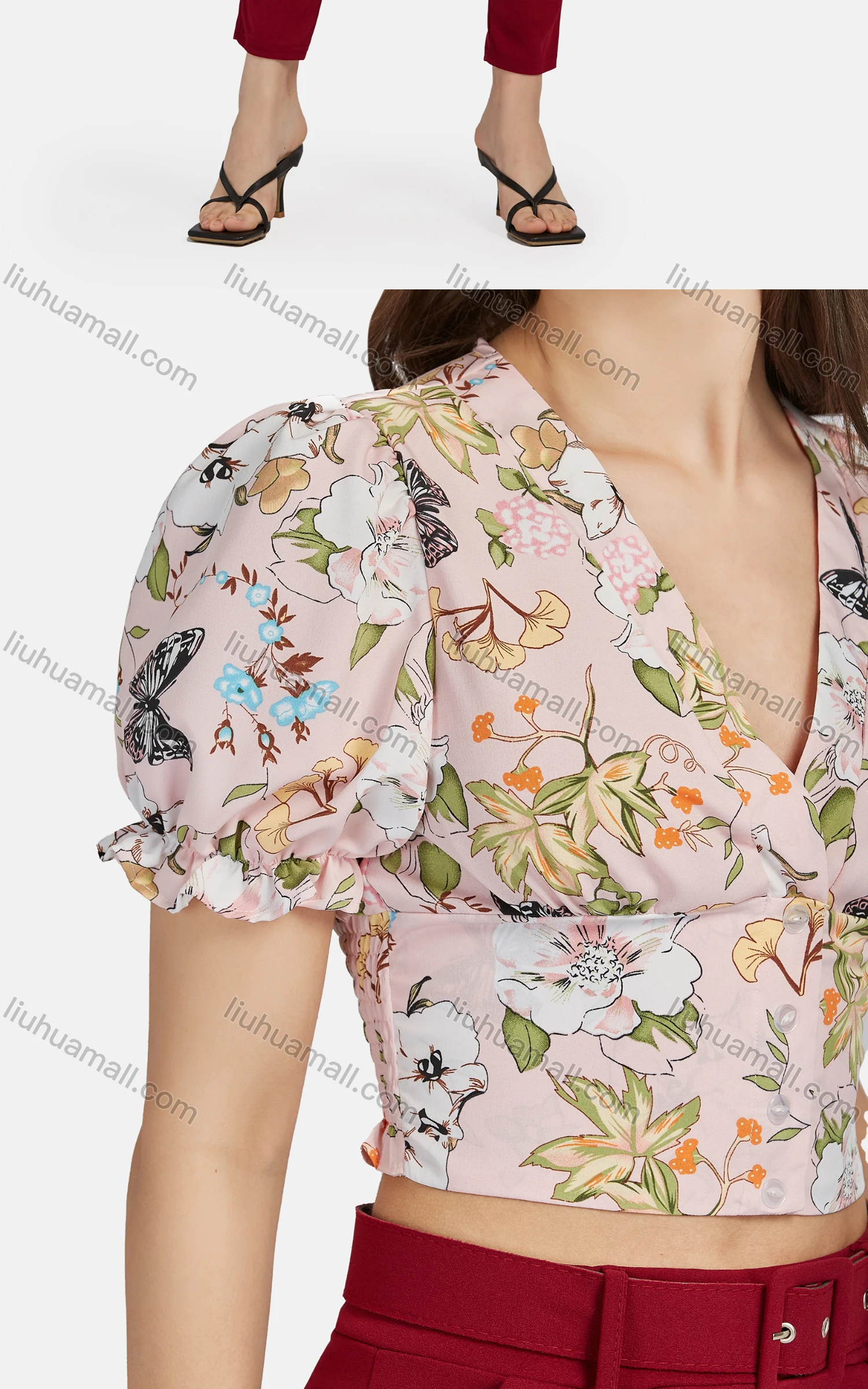 Wholesale Women's Casual V Neck Peplum Poet Sleeve Floral Crop Top 28490# - Liuhuamall