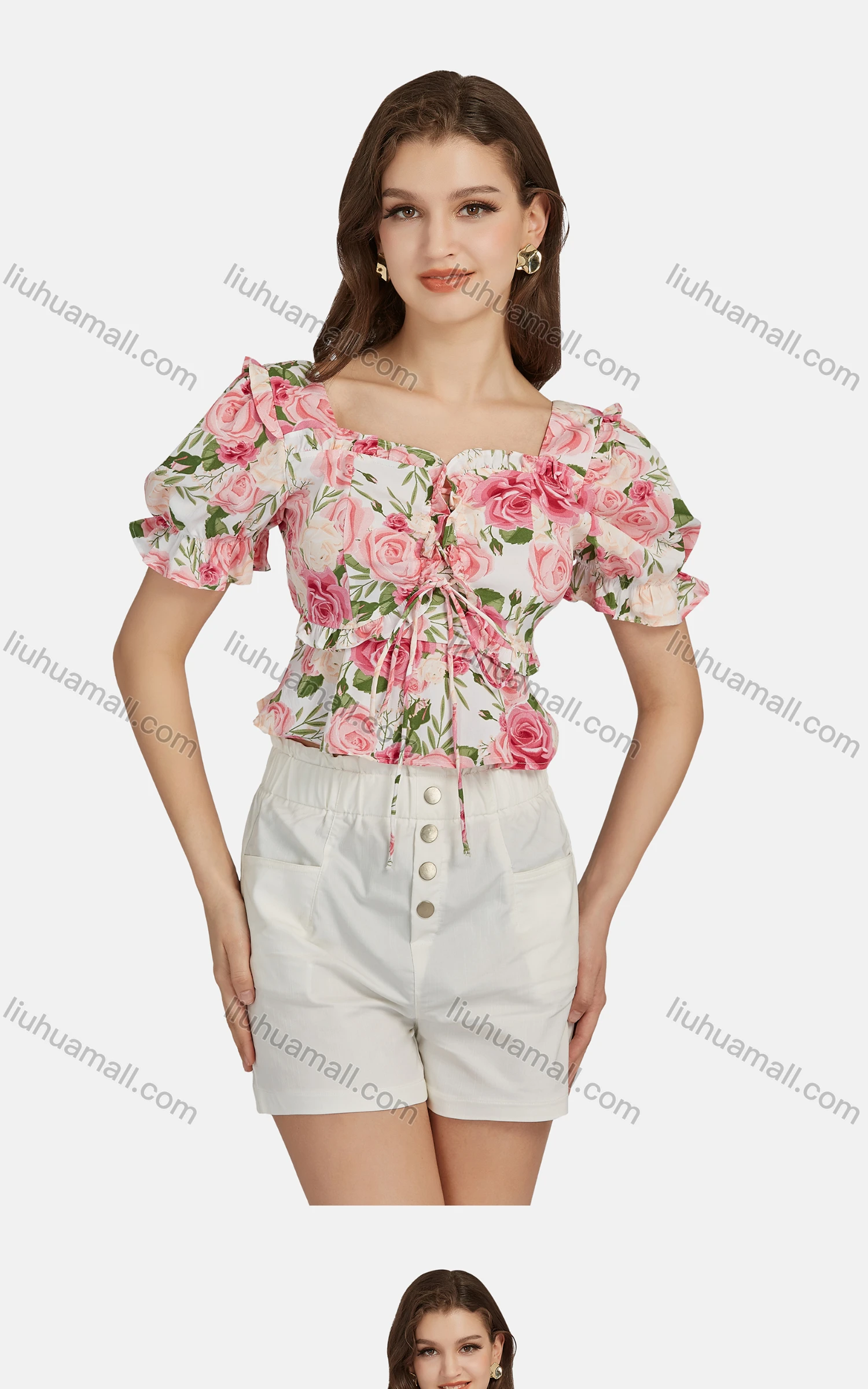 Wholesale Women's Casual Sweetheart Tie Front Poet Sleeve Floral Crop Top 28496# - Liuhuamall