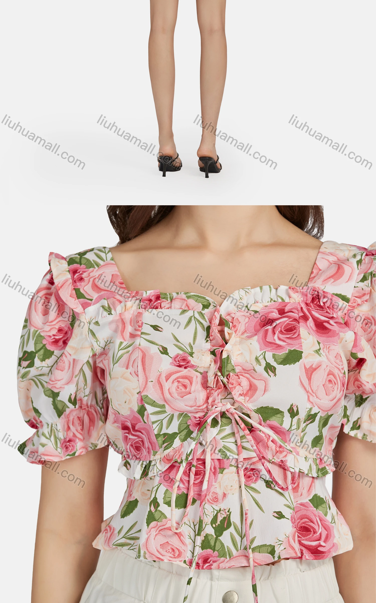 Wholesale Women's Casual Sweetheart Tie Front Poet Sleeve Floral Crop Top 28496# - Liuhuamall