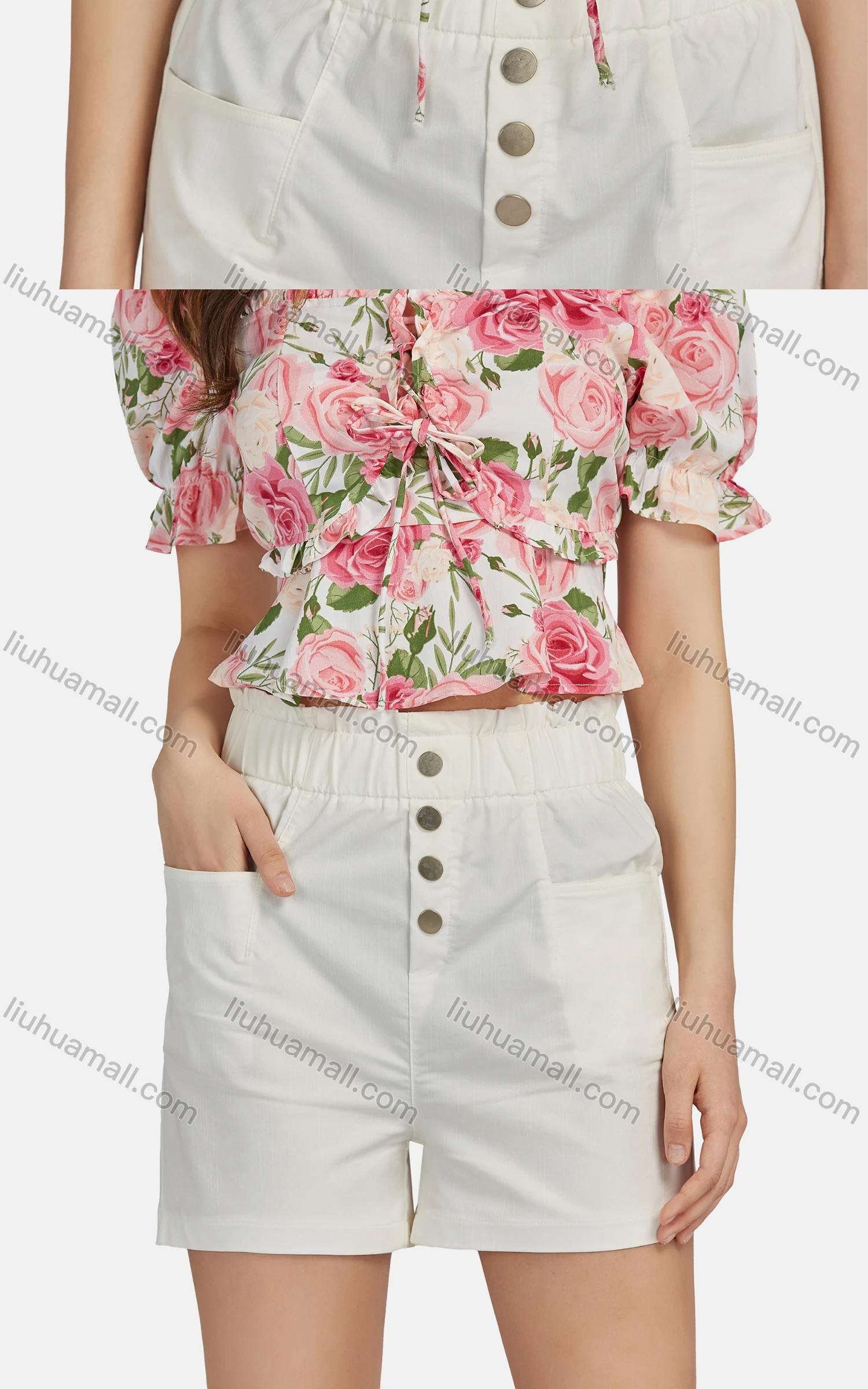 Wholesale Women's Casual Sweetheart Tie Front Poet Sleeve Floral Crop Top 28496# - Liuhuamall