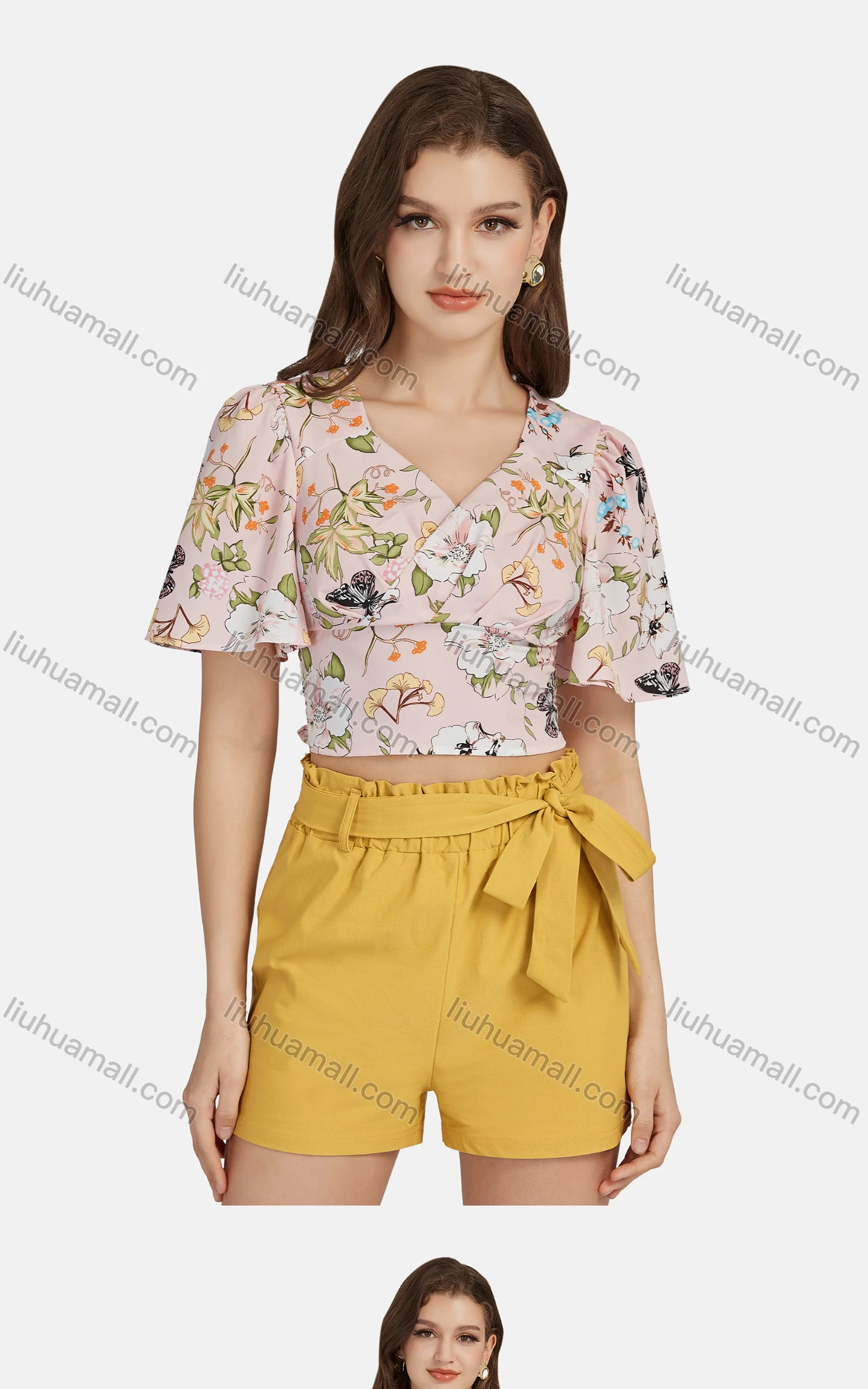 Wholesale Women's Casual V Neck Peplum Short Sleeve Floral Crop Top 28489# - Liuhuamall
