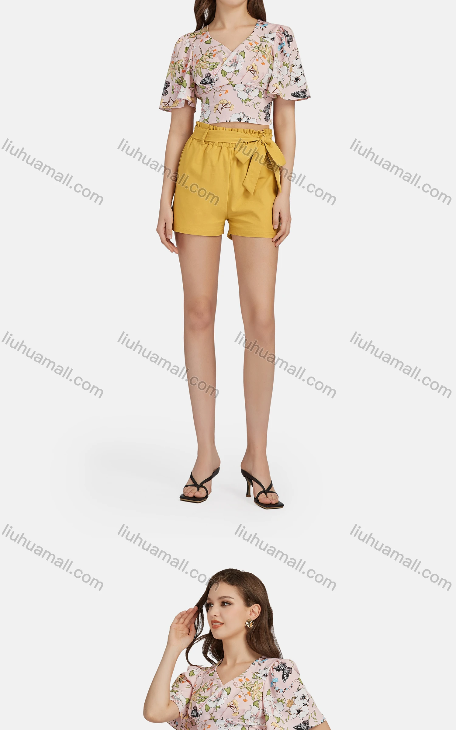 Wholesale Women's Casual V Neck Peplum Short Sleeve Floral Crop Top 28489# - Liuhuamall