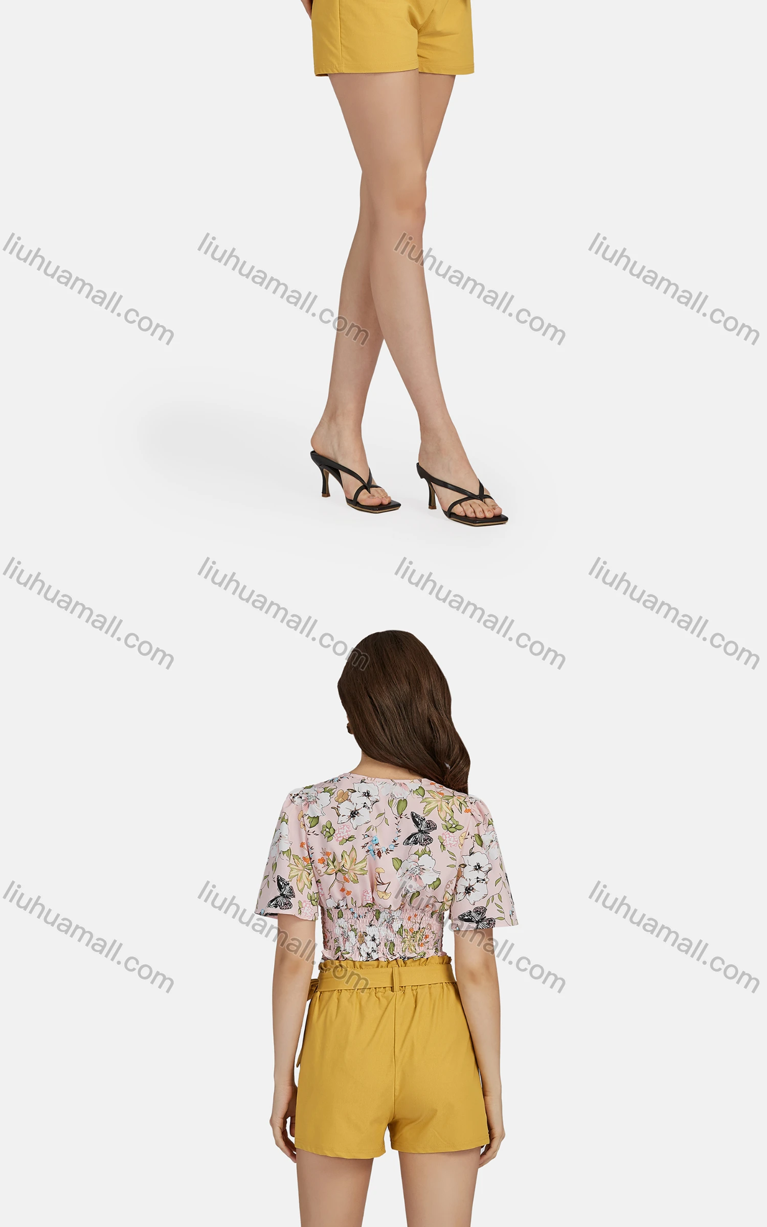 Wholesale Women's Casual V Neck Peplum Short Sleeve Floral Crop Top 28489# - Liuhuamall