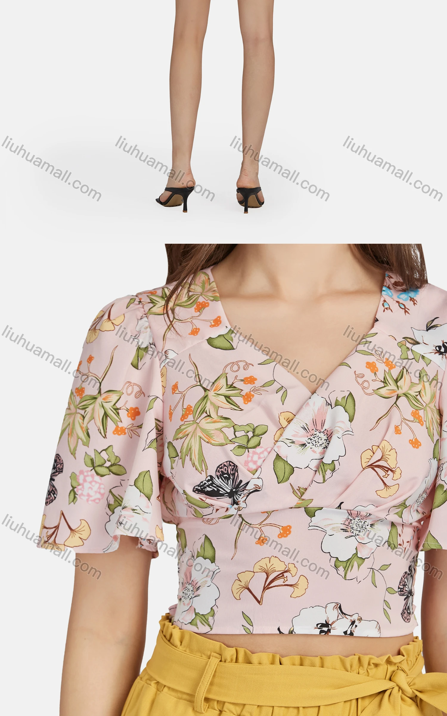 Wholesale Women's Casual V Neck Peplum Short Sleeve Floral Crop Top 28489# - Liuhuamall