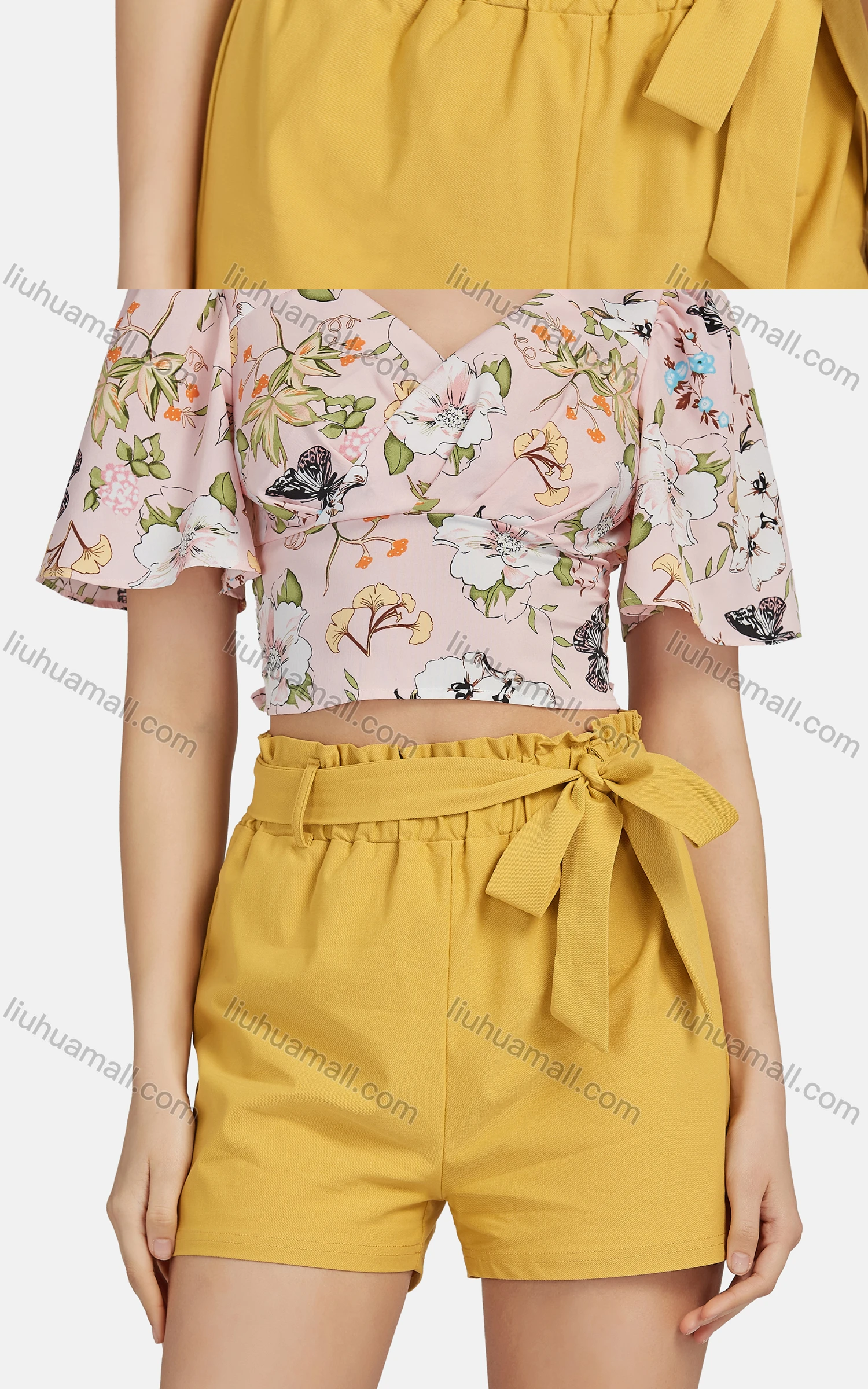Wholesale Women's Casual V Neck Peplum Short Sleeve Floral Crop Top 28489# - Liuhuamall