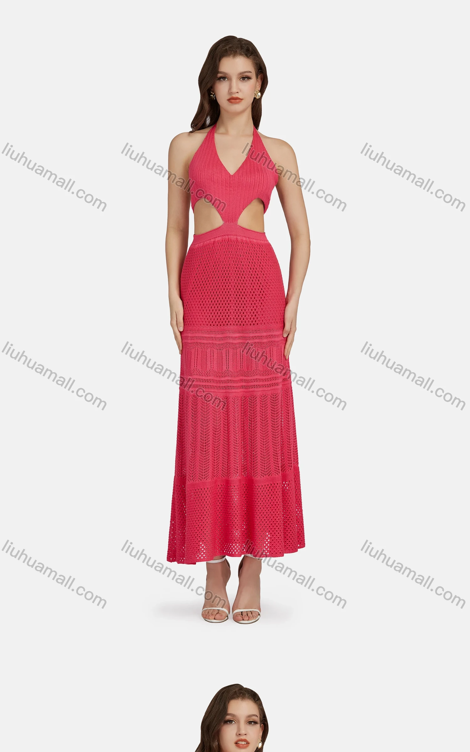 Wholesale Women's Sexy V Neck Cutout High Waist Plain Midi Halter Dress WK0055# - Liuhuamall