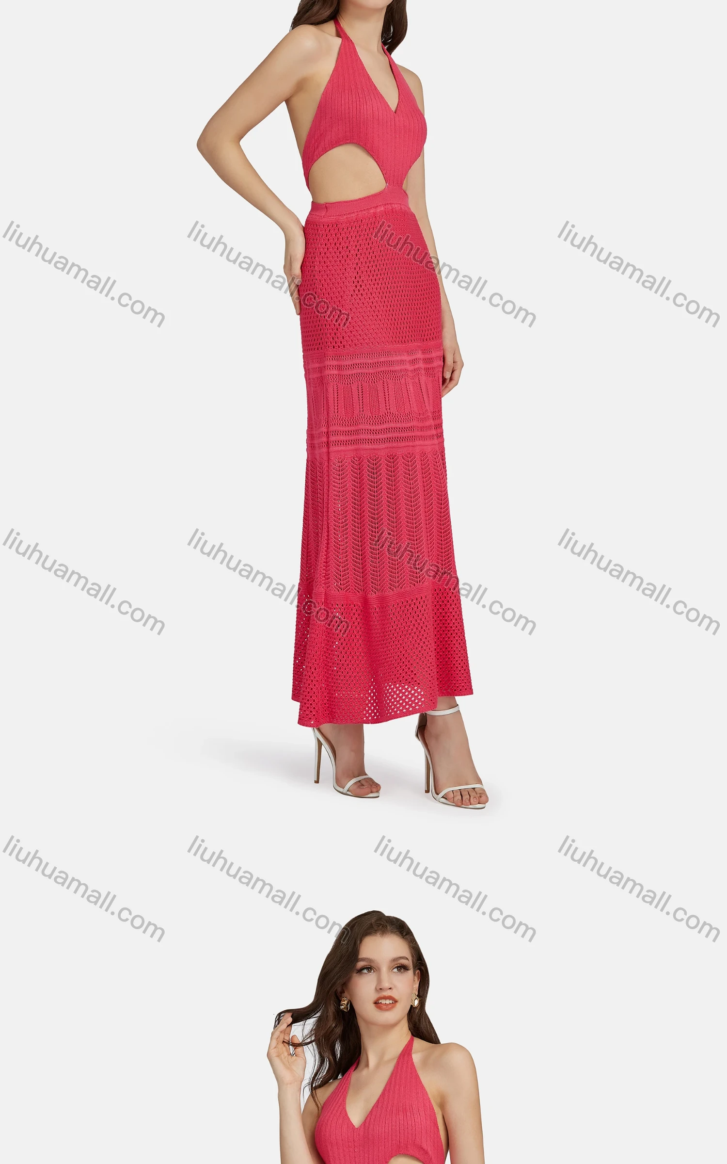 Wholesale Women's Sexy V Neck Cutout High Waist Plain Midi Halter Dress WK0055# - Liuhuamall