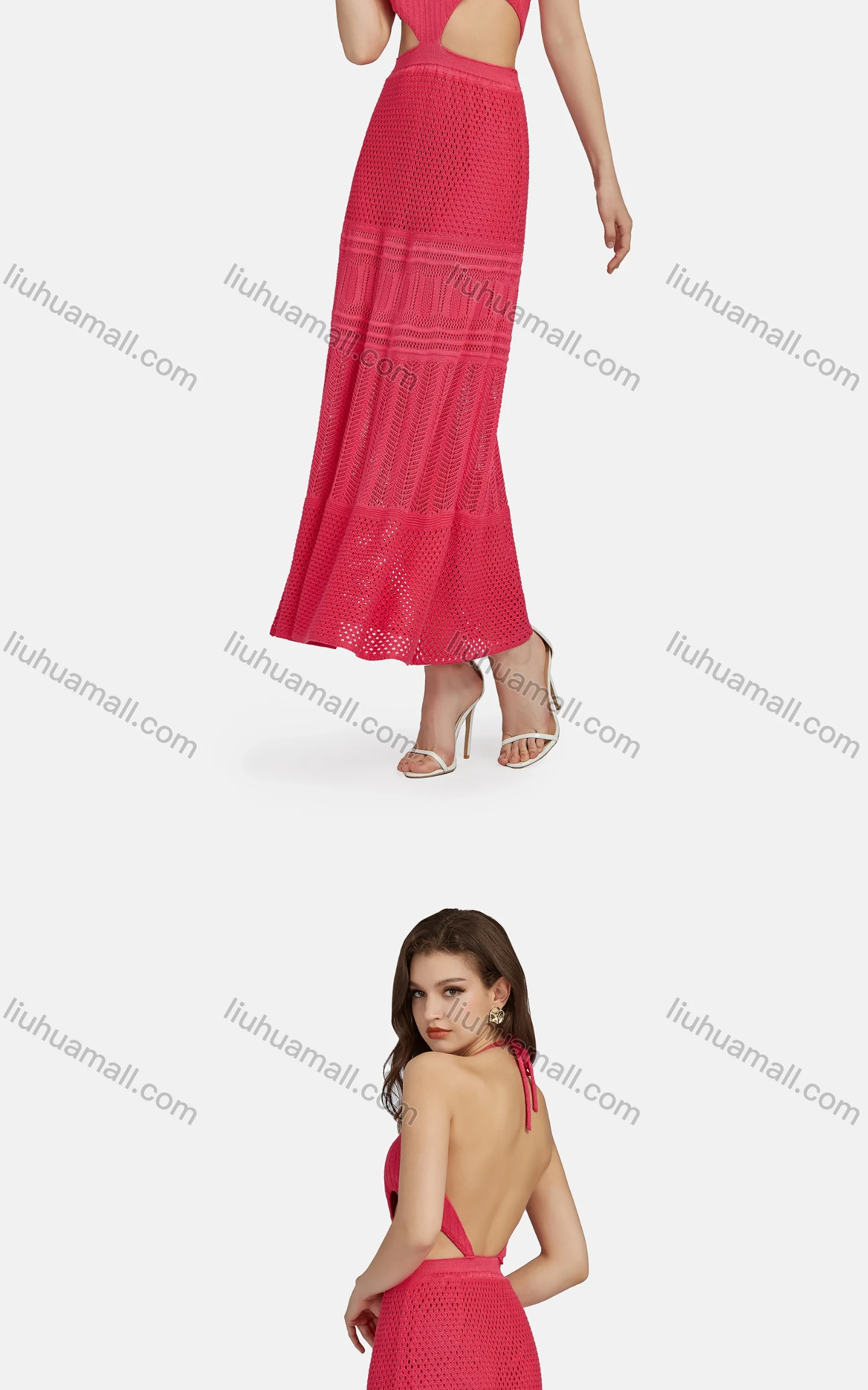 Wholesale Women's Sexy V Neck Cutout High Waist Plain Midi Halter Dress WK0055# - Liuhuamall