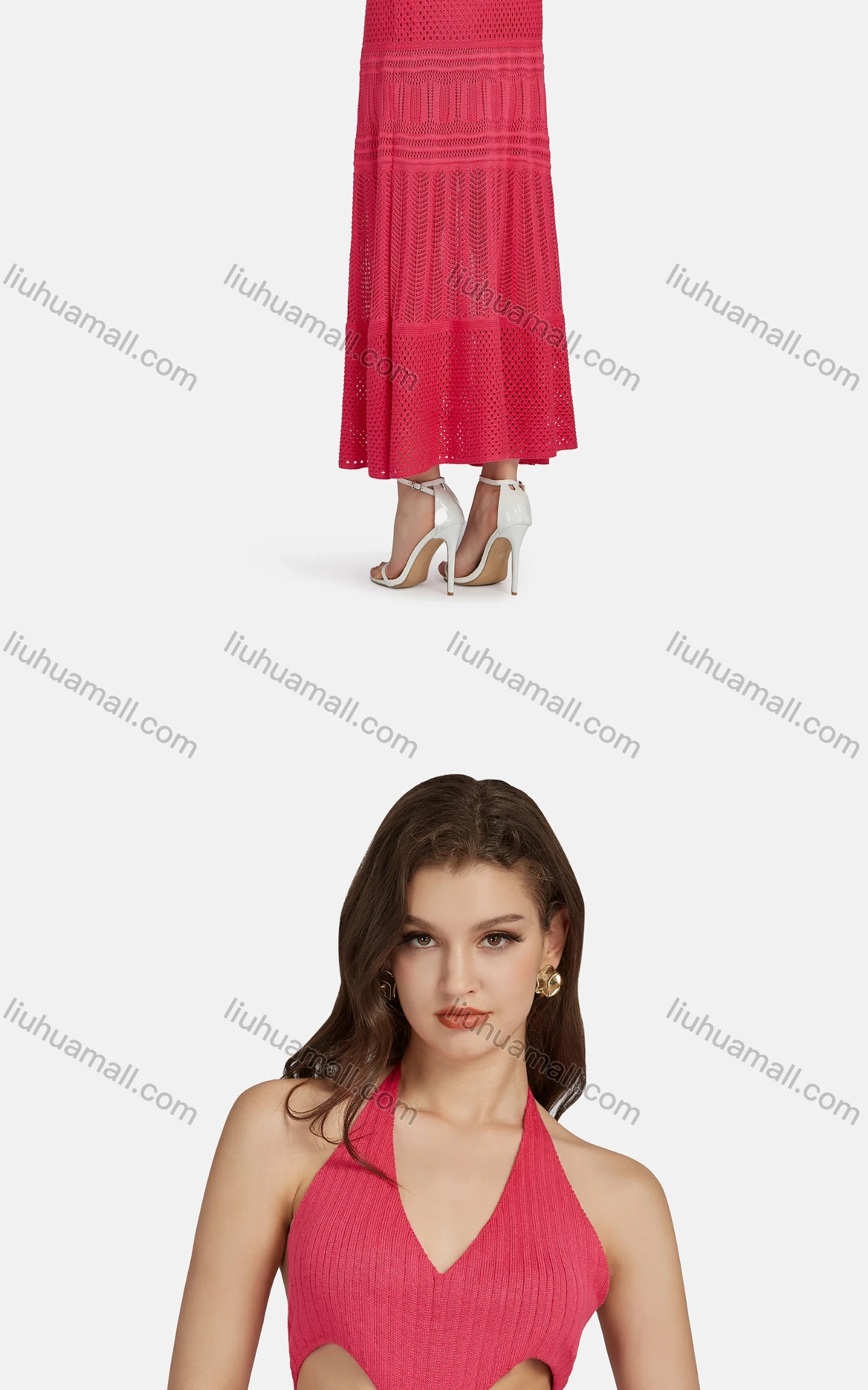 Wholesale Women's Sexy V Neck Cutout High Waist Plain Midi Halter Dress WK0055# - Liuhuamall