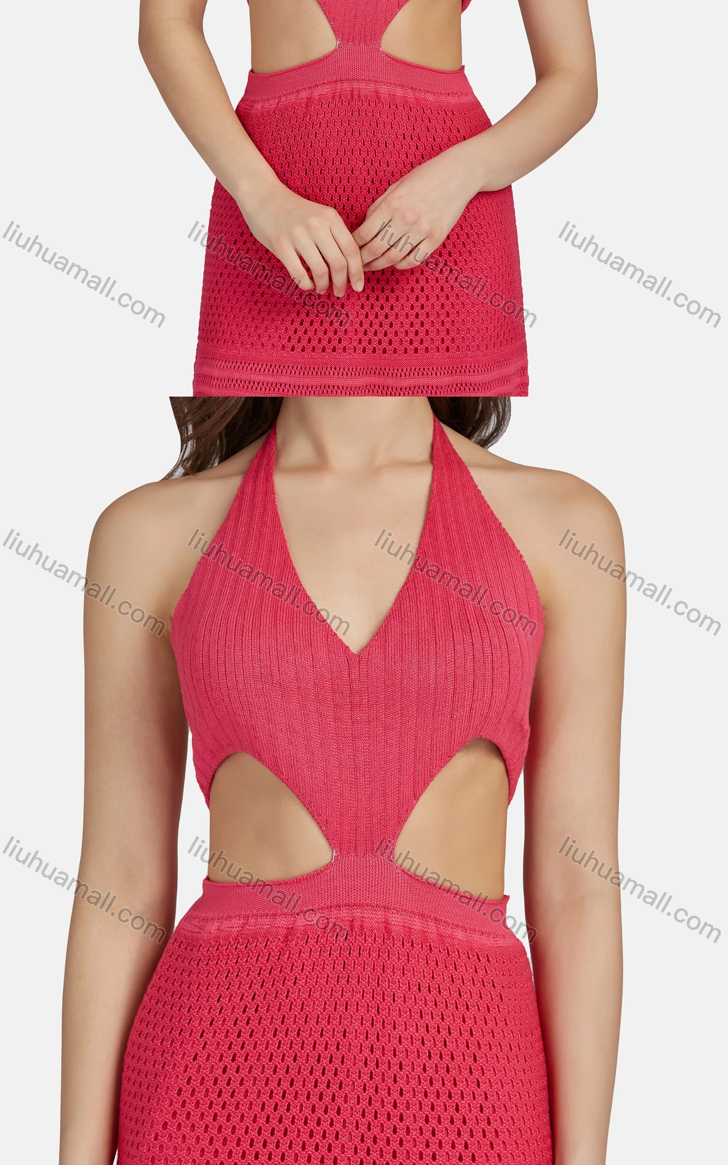 Wholesale Women's Sexy V Neck Cutout High Waist Plain Midi Halter Dress WK0055# - Liuhuamall