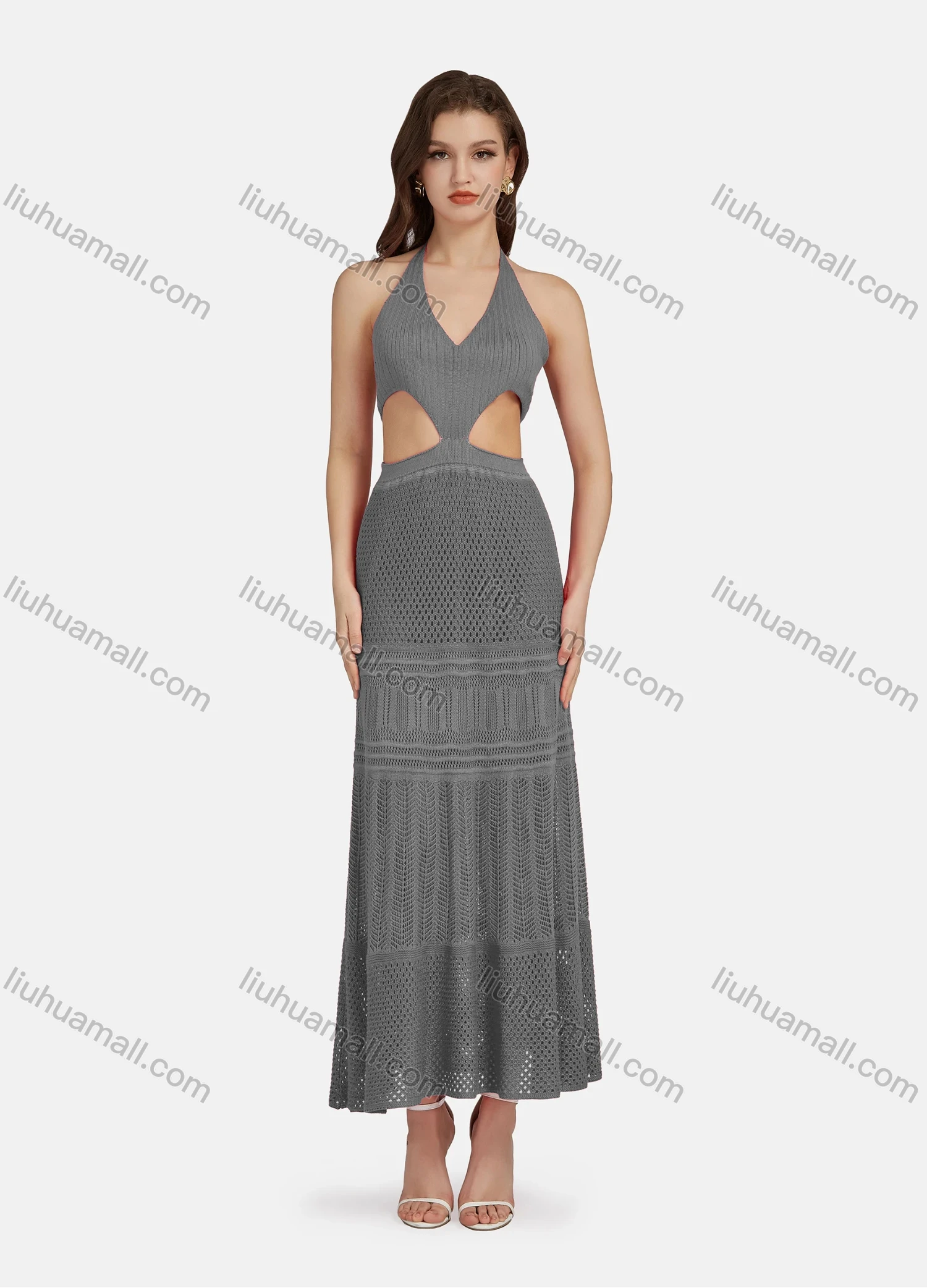 Wholesale Women's Sexy V Neck Cutout High Waist Plain Midi Halter Dress WK0055# - Liuhuamall