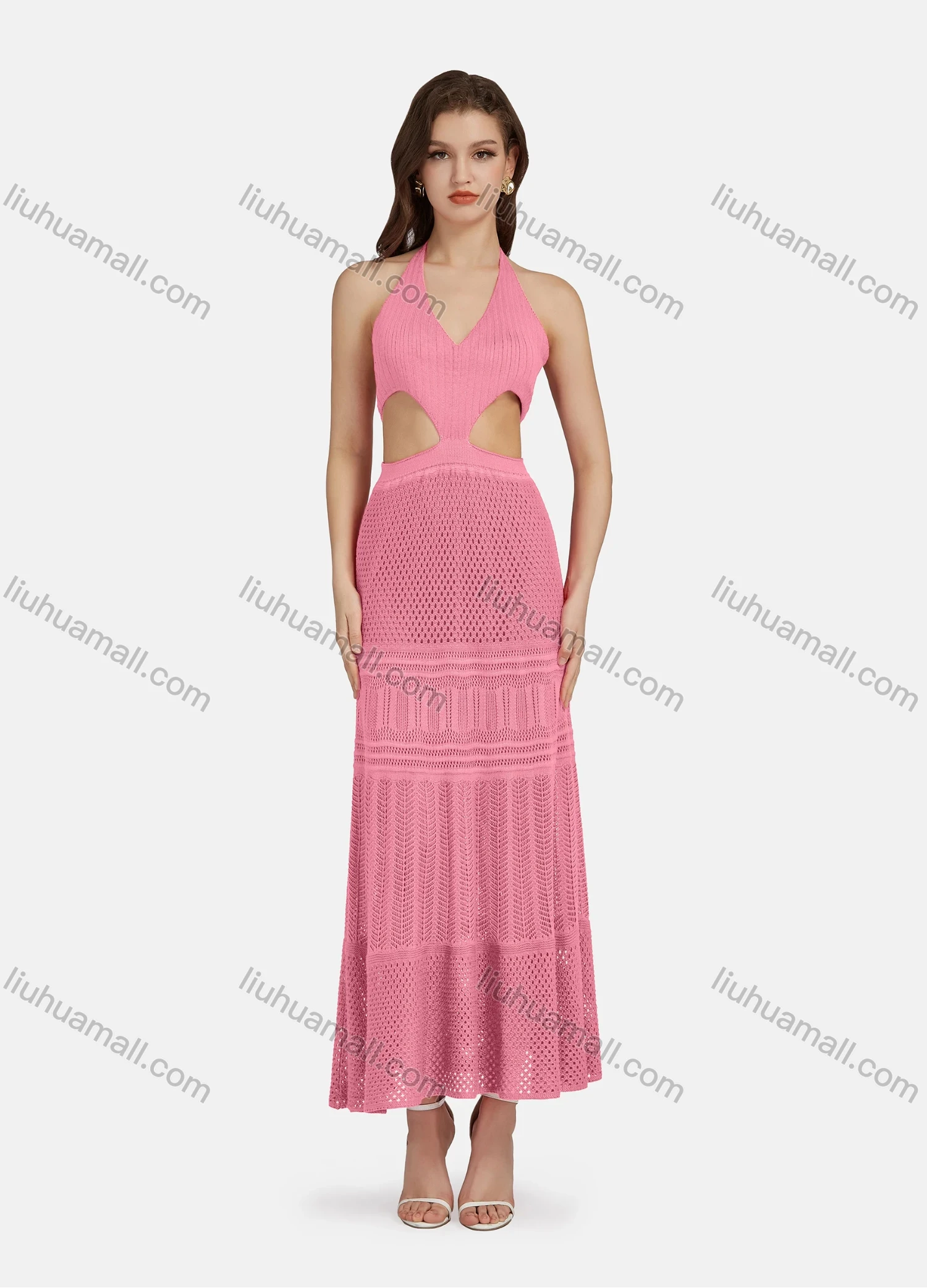 Wholesale Women's Sexy V Neck Cutout High Waist Plain Midi Halter Dress WK0055# - Liuhuamall