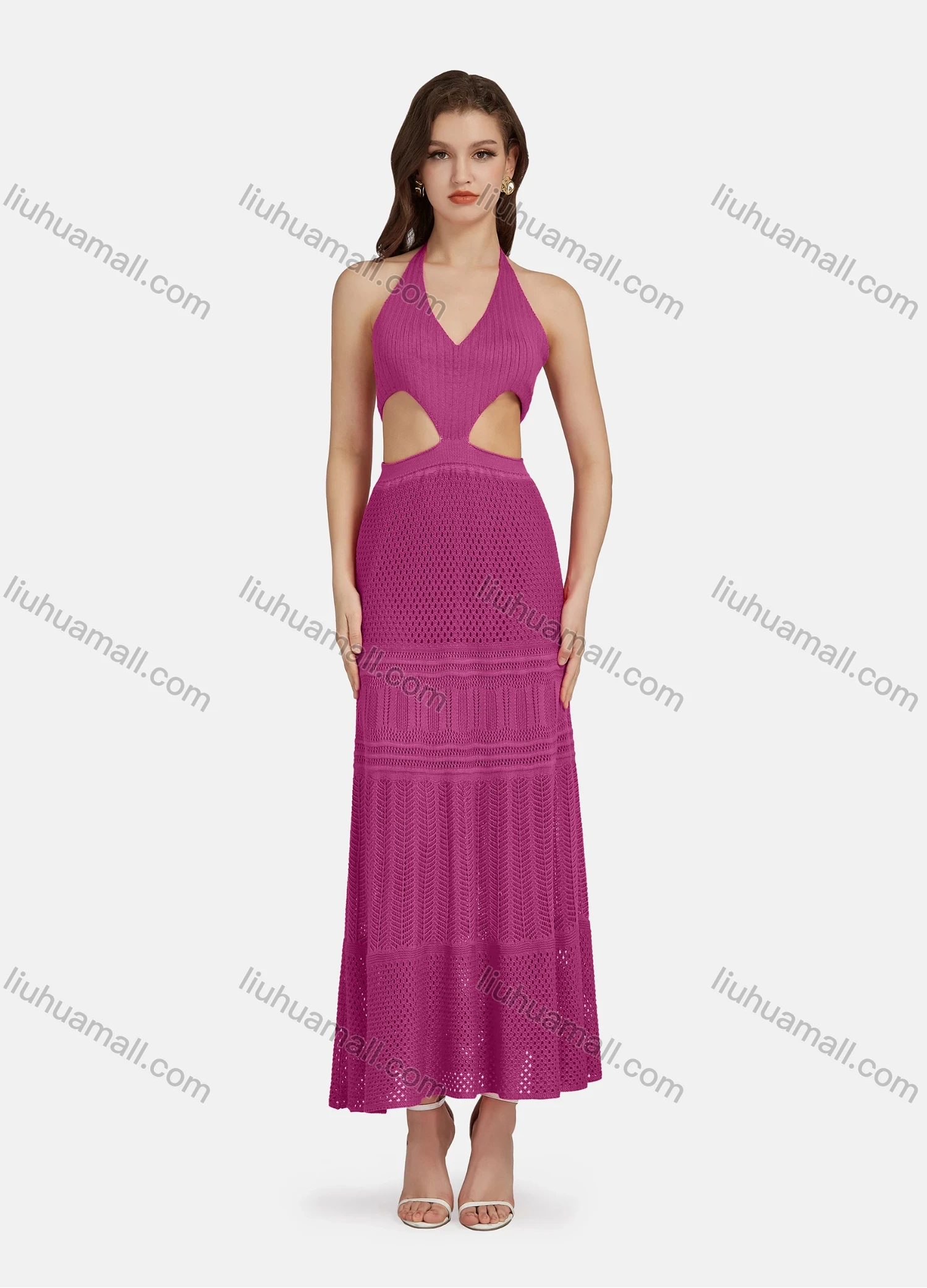 Wholesale Women's Sexy V Neck Cutout High Waist Plain Midi Halter Dress WK0055# - Liuhuamall