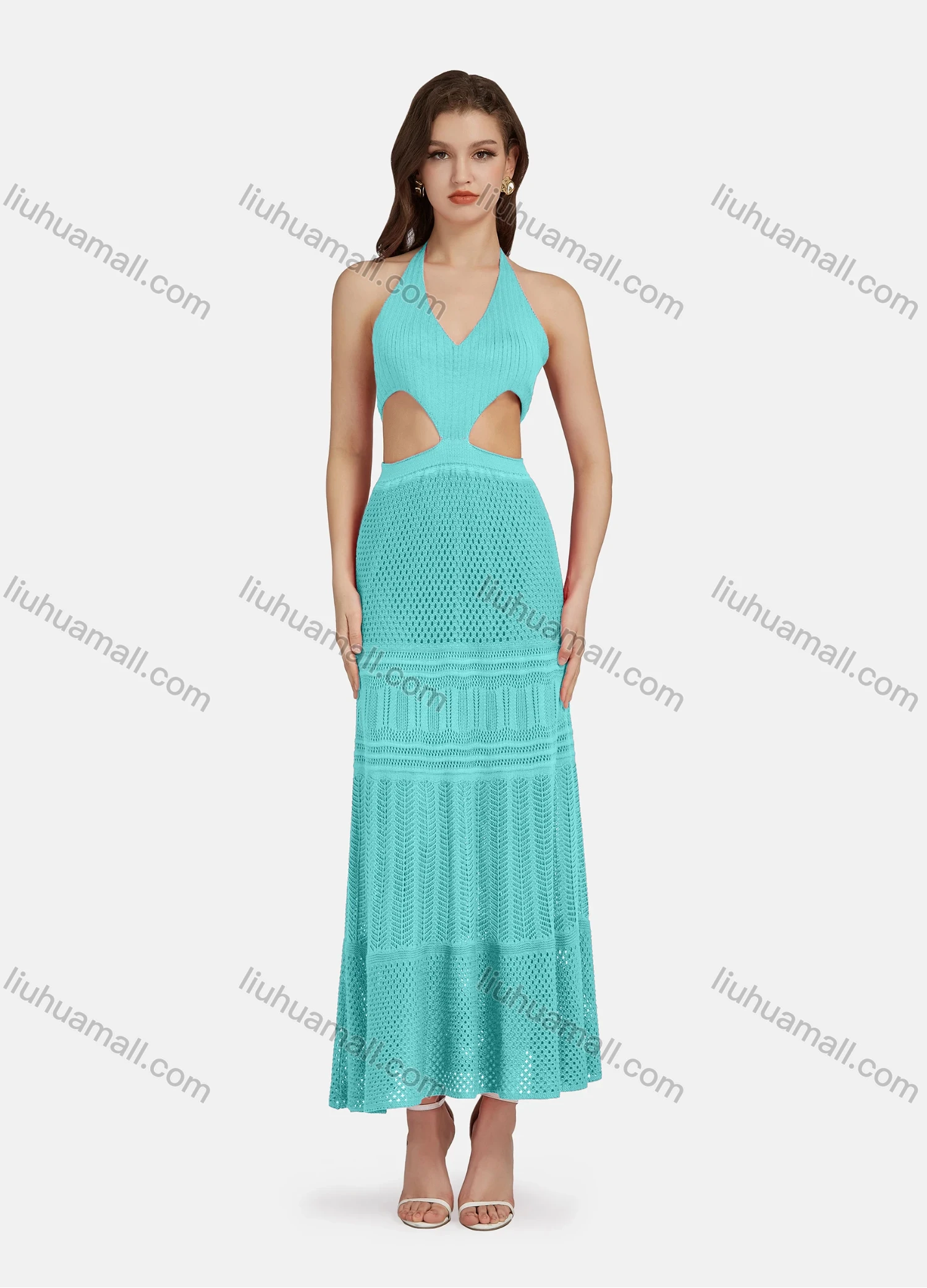 Wholesale Women's Sexy V Neck Cutout High Waist Plain Midi Halter Dress WK0055# - Liuhuamall