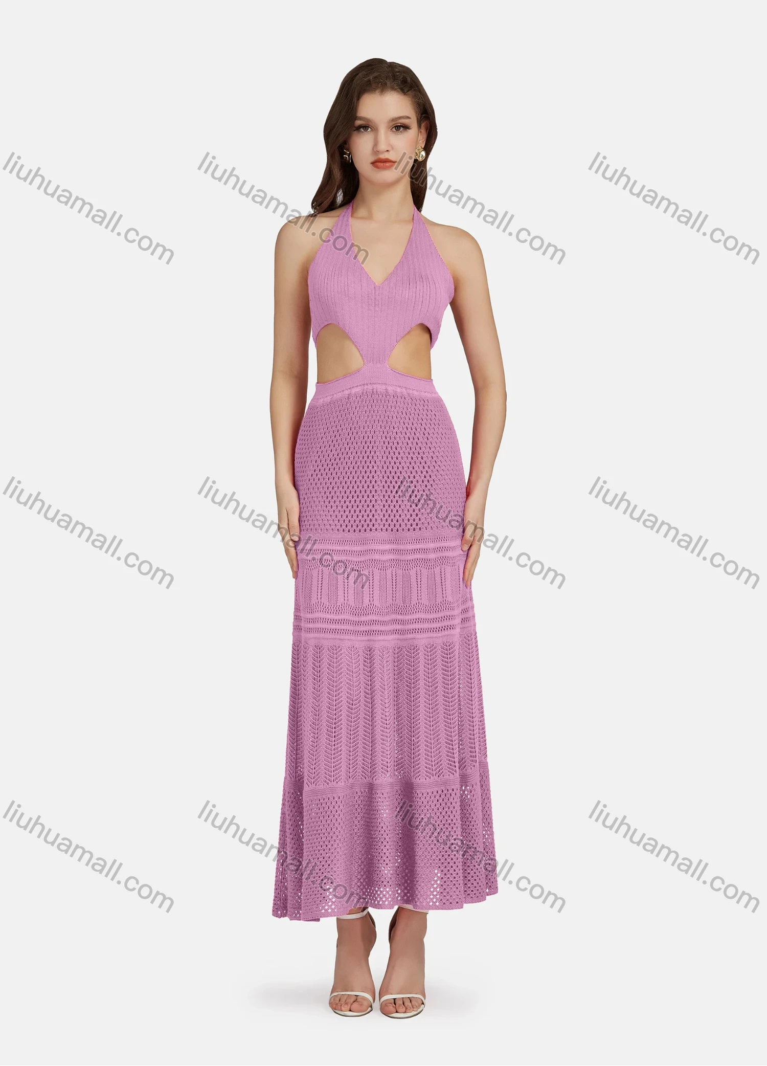 Wholesale Women's Sexy V Neck Cutout High Waist Plain Midi Halter Dress WK0055# - Liuhuamall