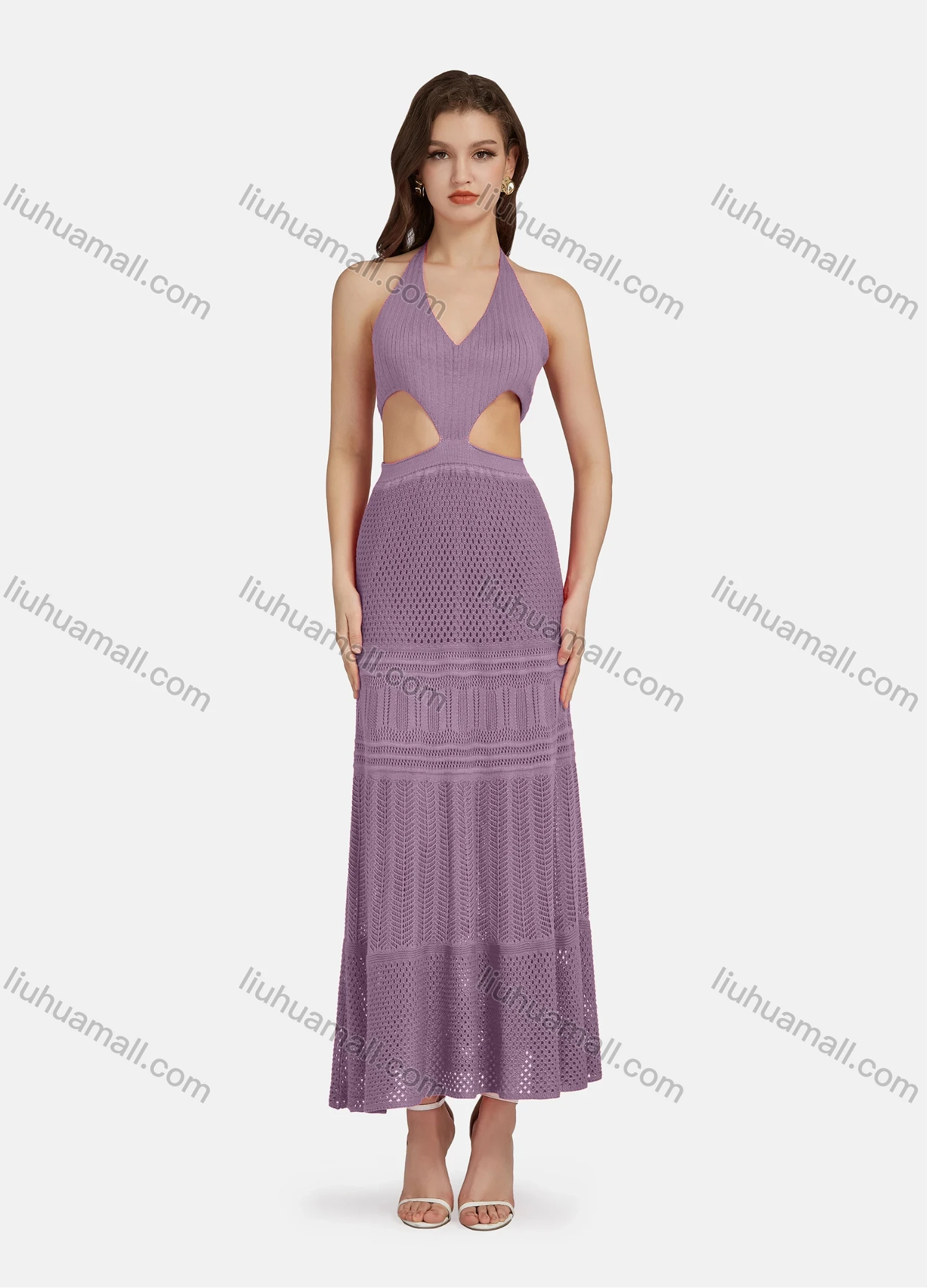 Wholesale Women's Sexy V Neck Cutout High Waist Plain Midi Halter Dress WK0055# - Liuhuamall