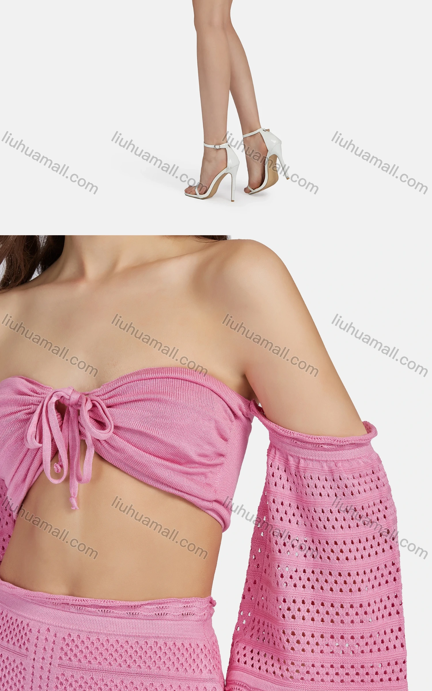 Wholesale Women's Sexy Lace Up Half Sleeve Chest Top 2-piece Set AF0044# - Liuhuamall