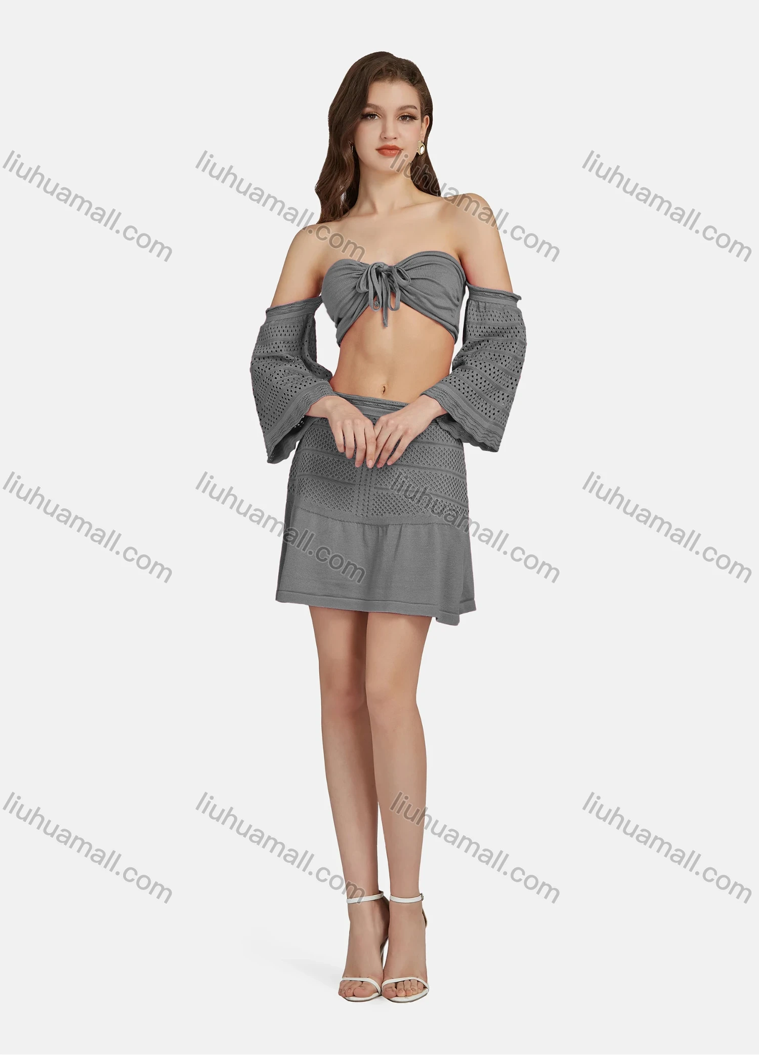 Wholesale Women's Sexy Lace Up Half Sleeve Chest Top 2-piece Set AF0044# - Liuhuamall