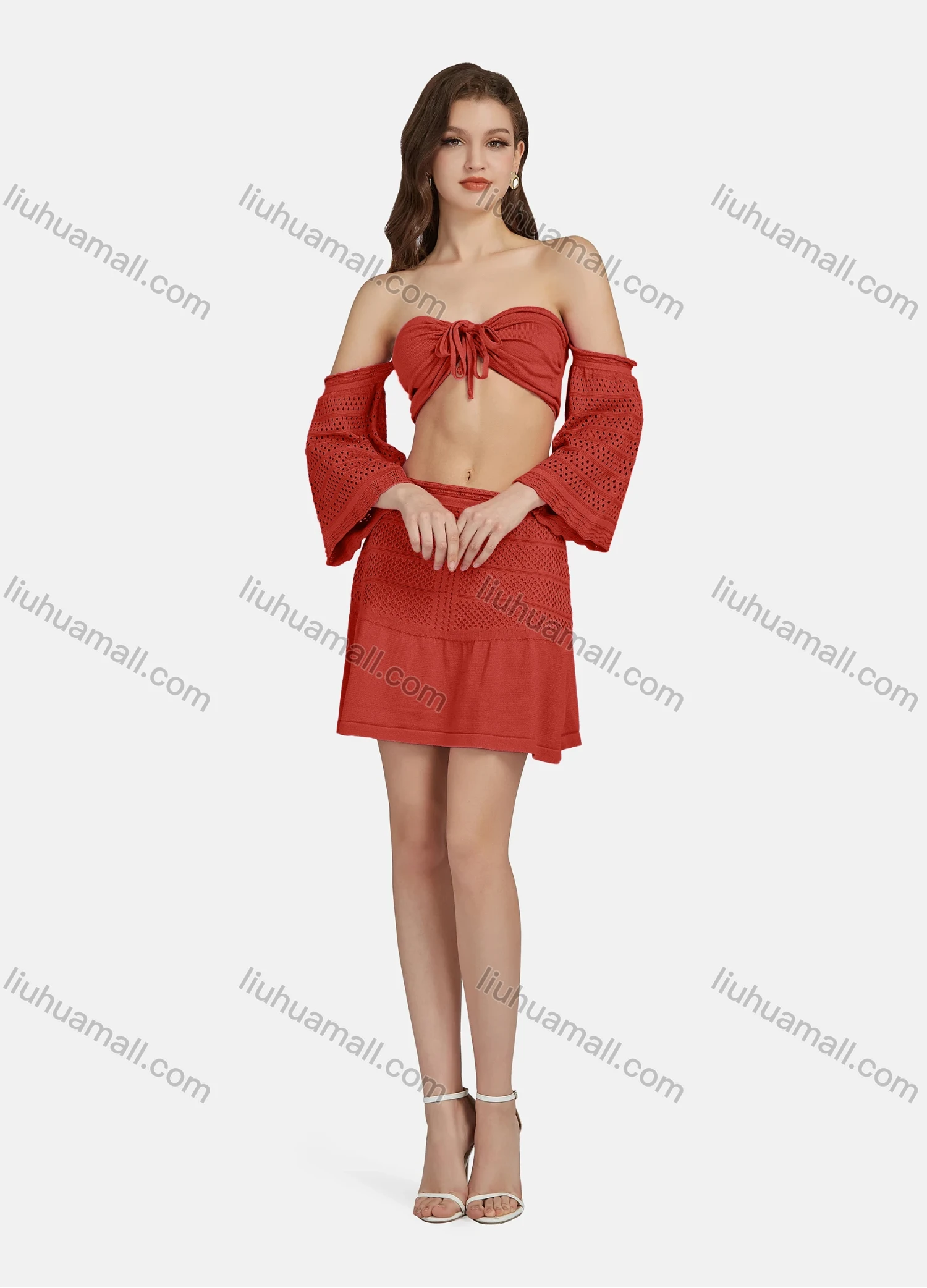 Wholesale Women's Sexy Lace Up Half Sleeve Chest Top 2-piece Set AF0044# - Liuhuamall