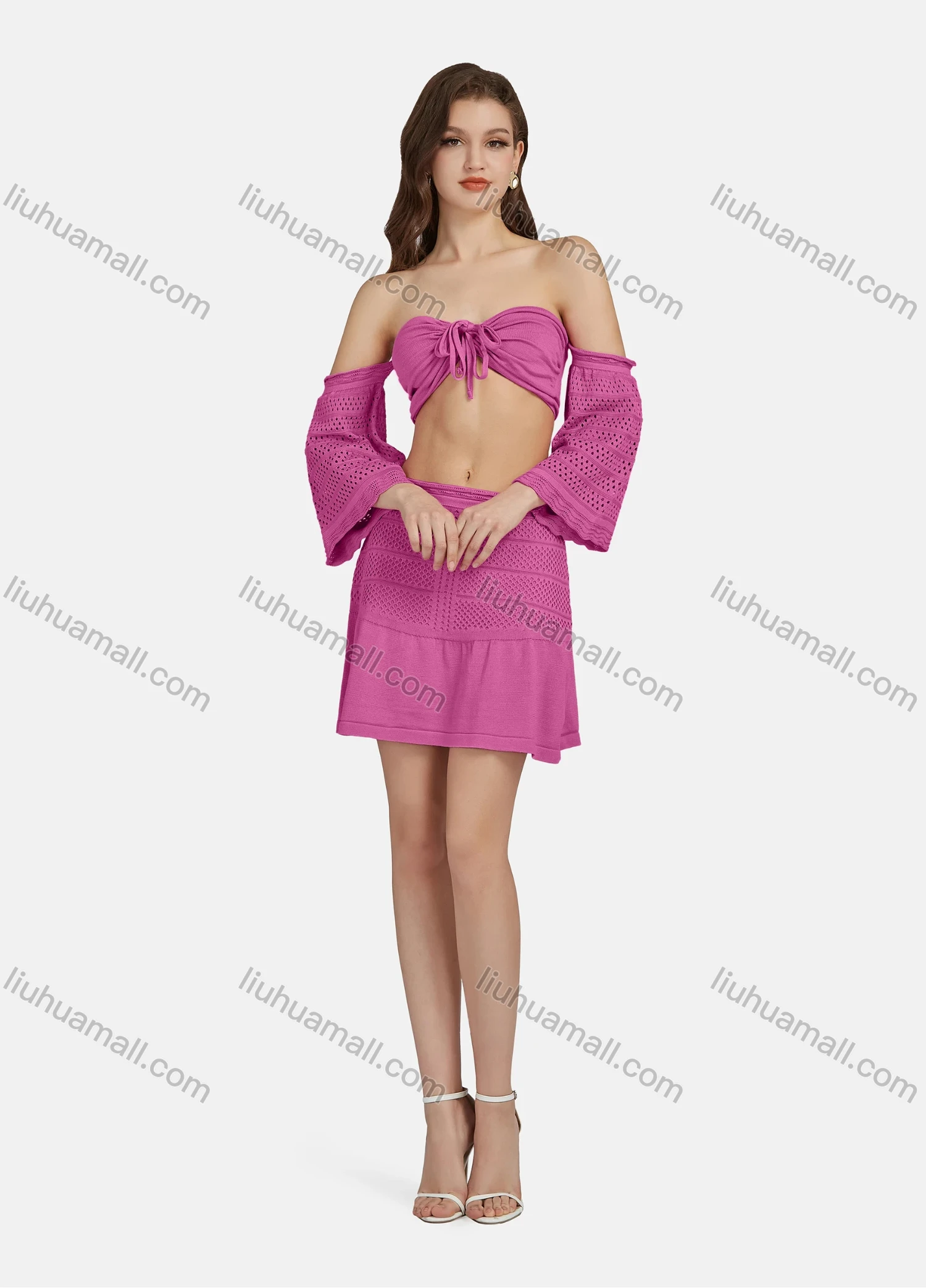 Wholesale Women's Sexy Lace Up Half Sleeve Chest Top 2-piece Set AF0044# - Liuhuamall