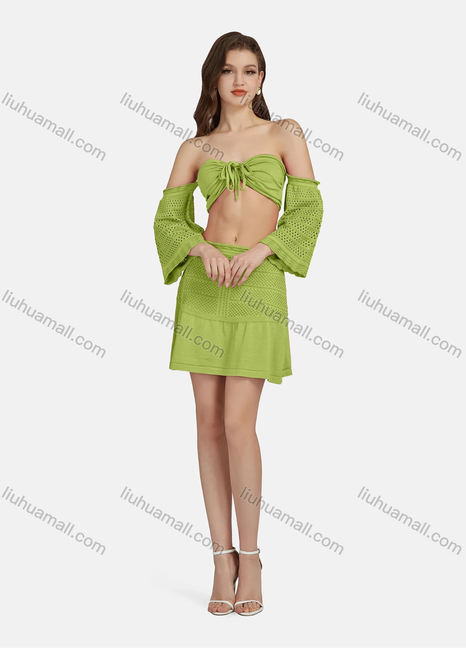 Wholesale Women's Sexy Lace Up Half Sleeve Chest Top 2-piece Set AF0044# - Liuhuamall