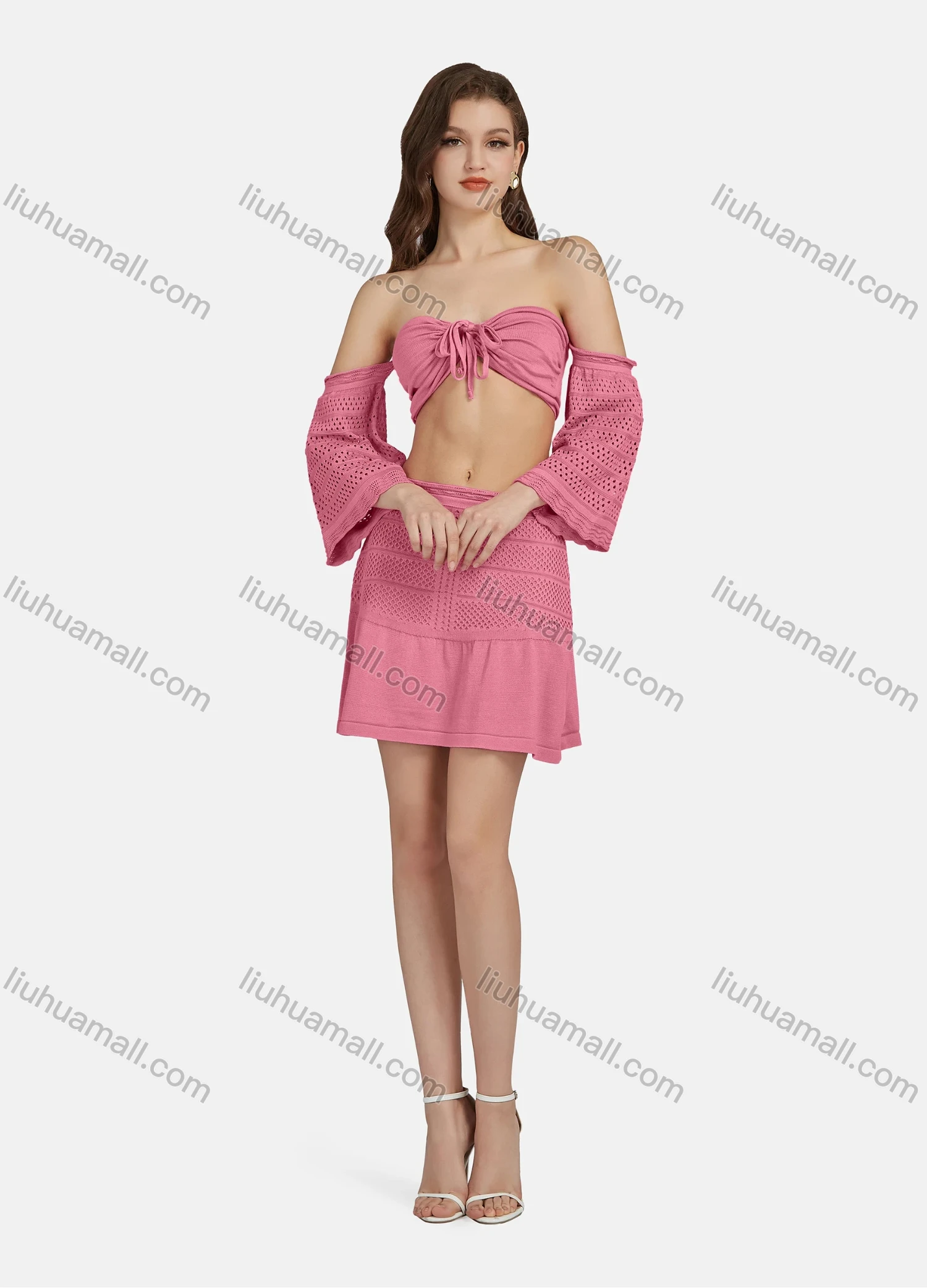 Wholesale Women's Sexy Lace Up Half Sleeve Chest Top 2-piece Set AF0044# - Liuhuamall