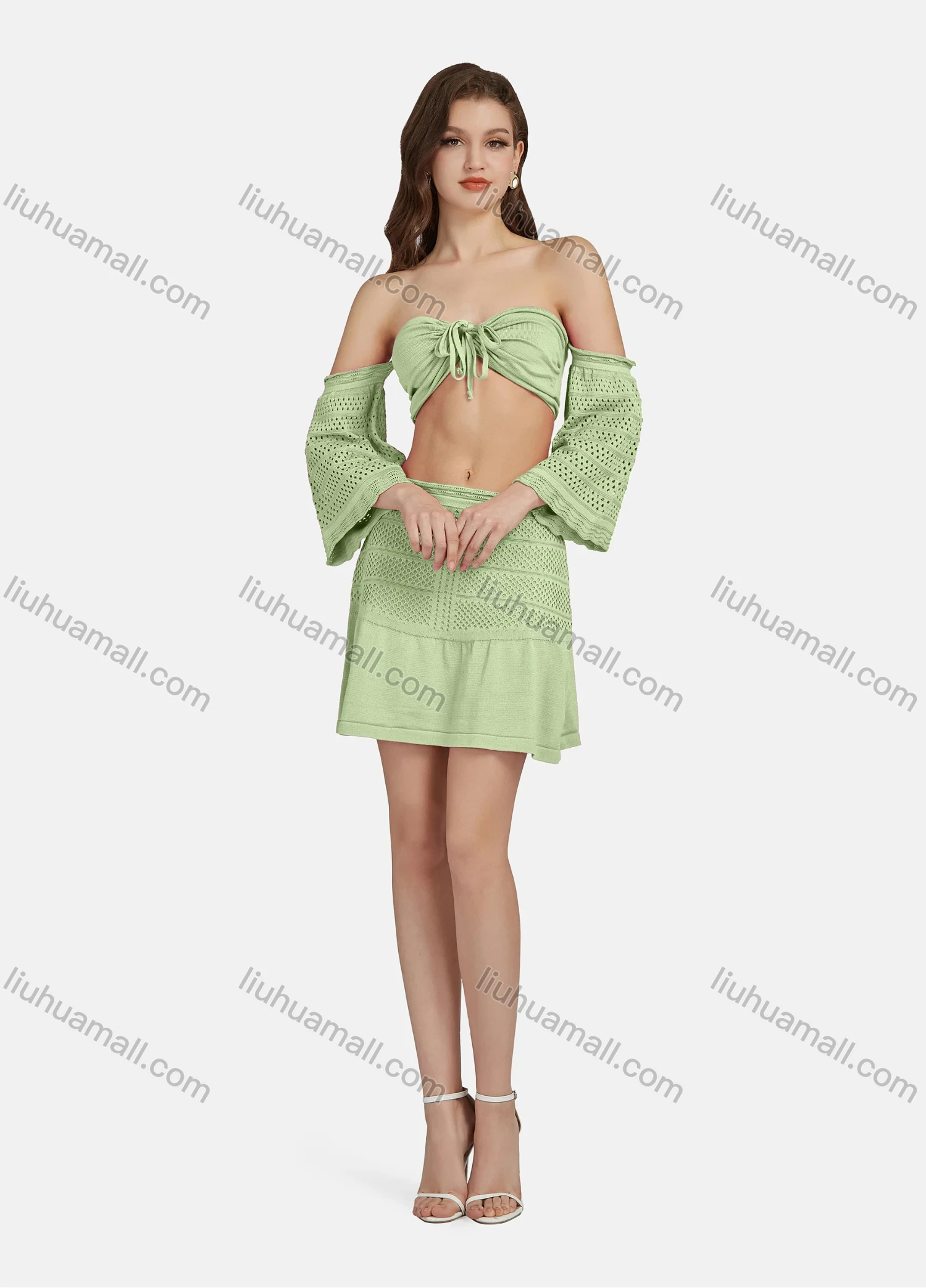 Wholesale Women's Sexy Lace Up Half Sleeve Chest Top 2-piece Set AF0044# - Liuhuamall